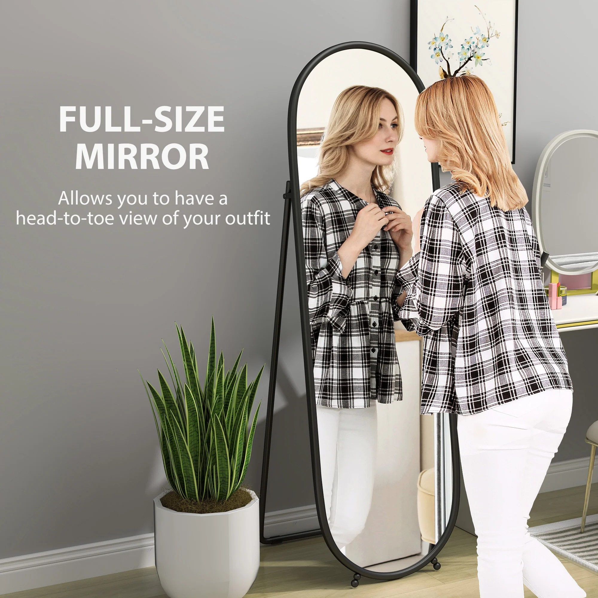 HOMCOM Oval Full Length Mirror With Metal Frame Hanging Or Leaning Black - Image 3