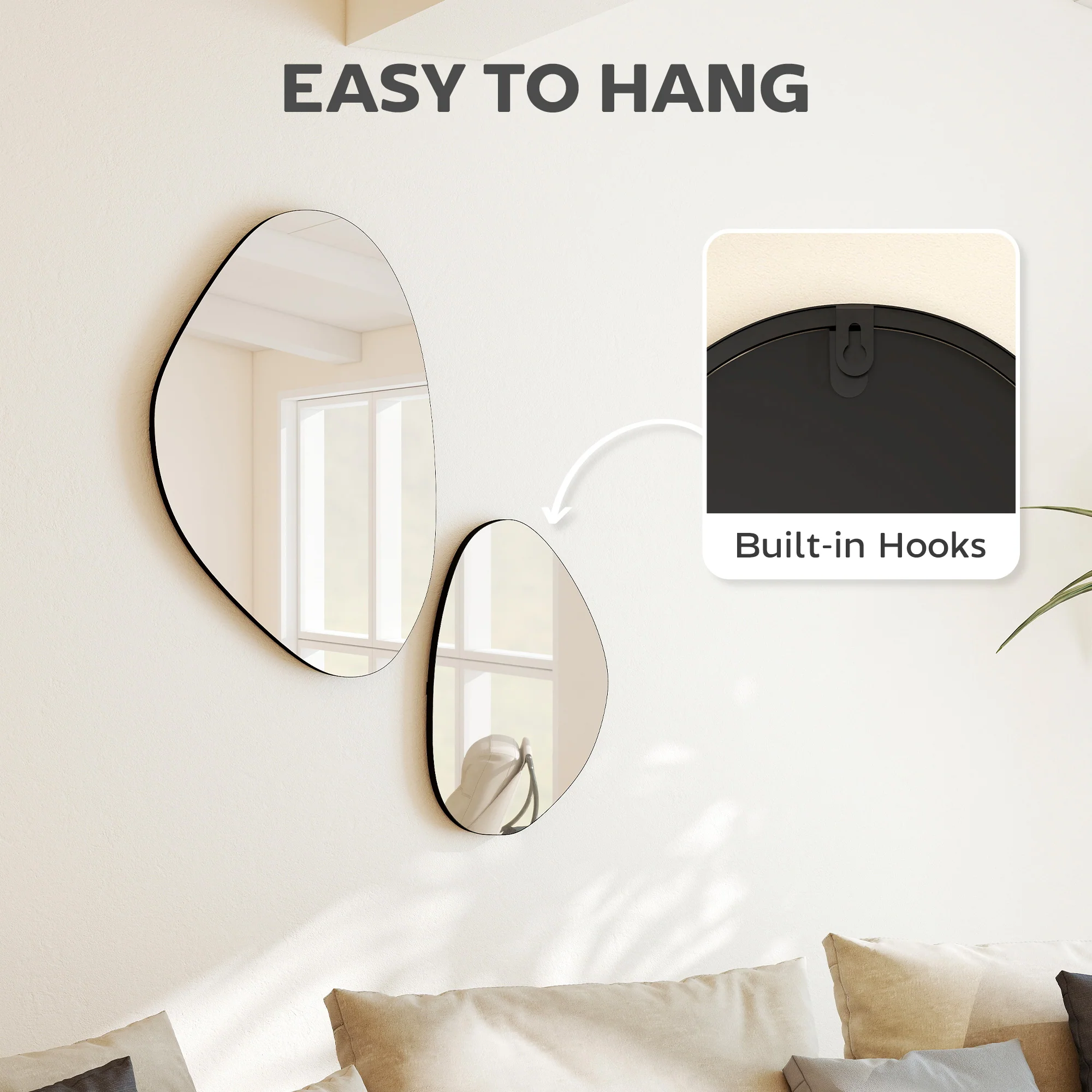 HOMCOM Pebble-Shaped Decorative Mirror, Set of 2 Wall Mirror, Black - Image 5