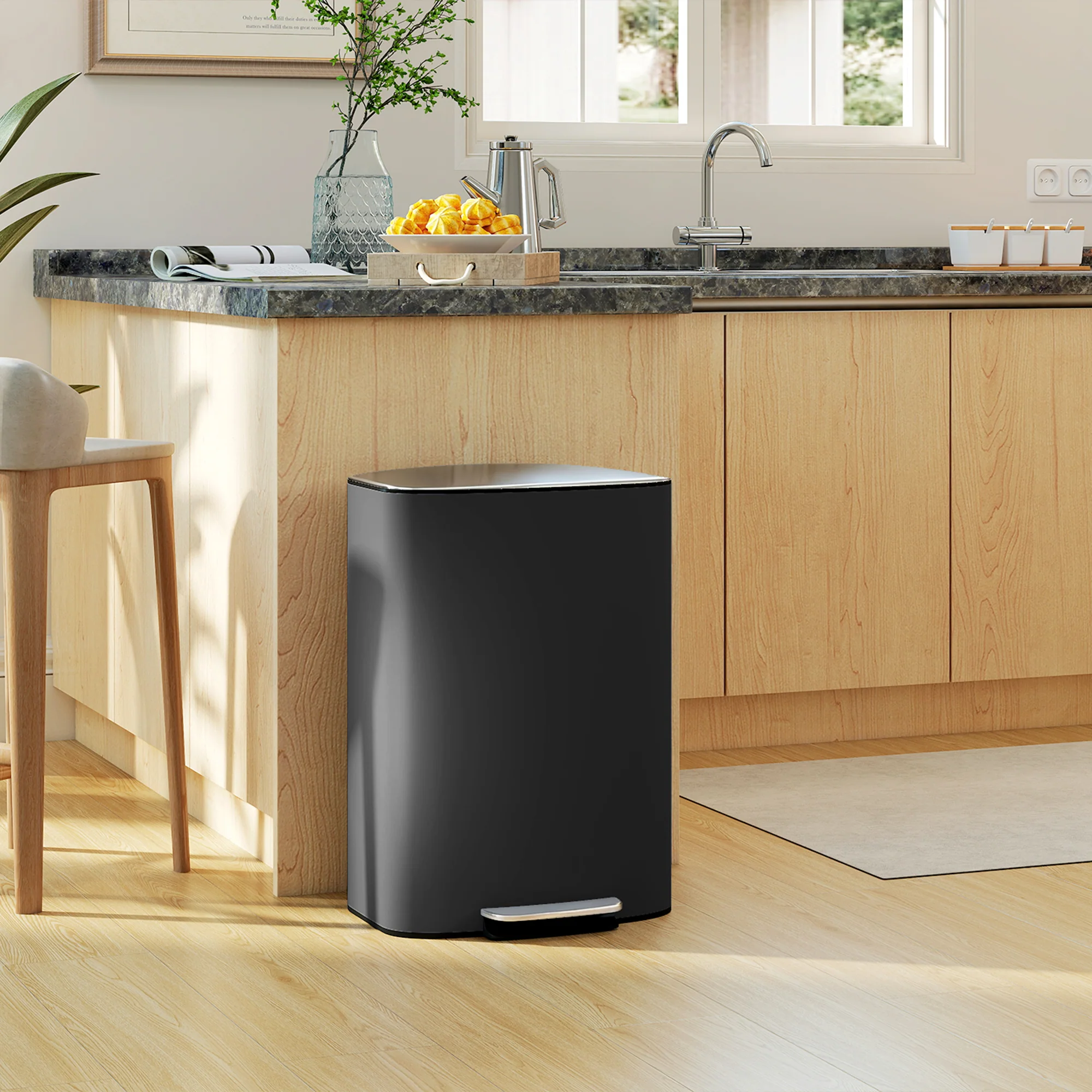 HOMCOM Pedal Bin With Soft-Close Lid, 50L Kitchen Bin With Carry Handle Black - Image 2