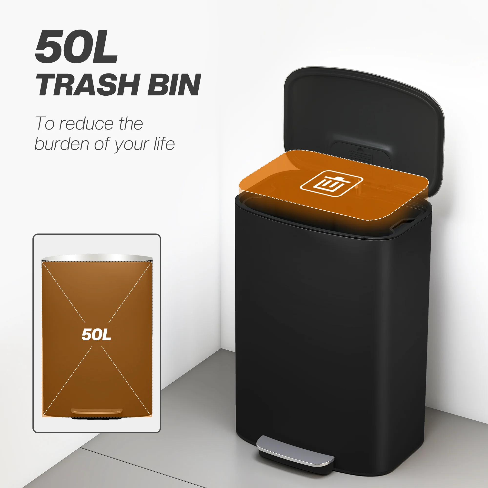 HOMCOM Pedal Bin With Soft-Close Lid, 50L Kitchen Bin With Carry Handle Black - Image 3