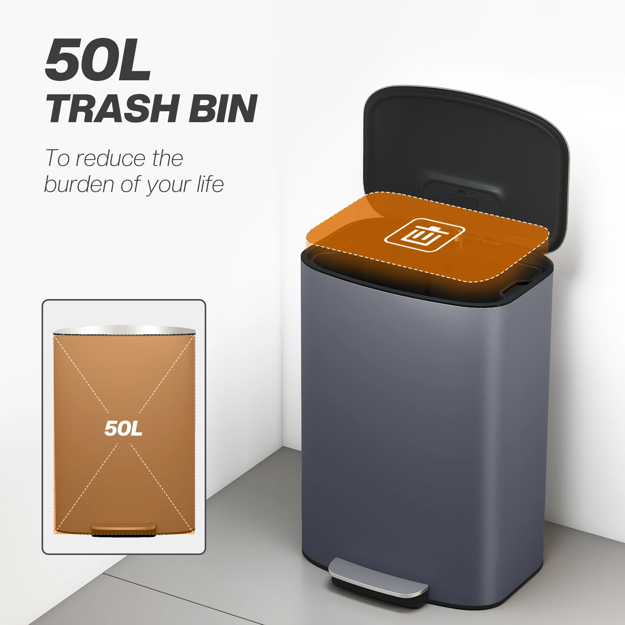 HOMCOM Pedal Bin With Soft-Close Lid, 50L Kitchen Bin With Carry Handle Grey - Image 3