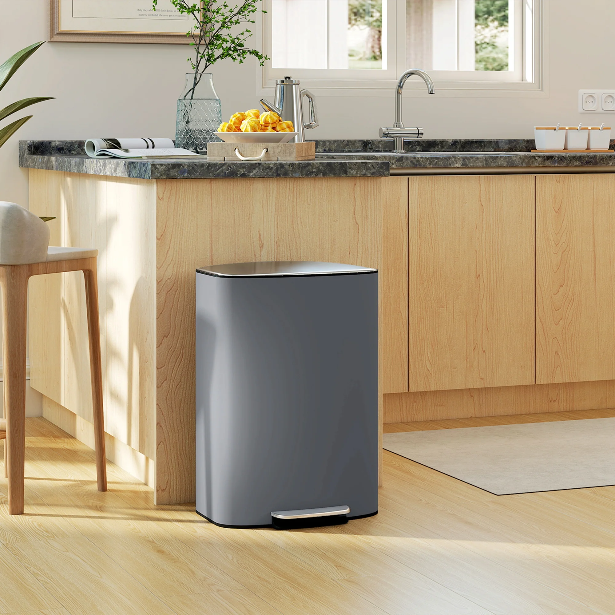 HOMCOM Pedal Bin With Soft-Close Lid, 50L Kitchen Bin With Carry Handle Grey - Image 9