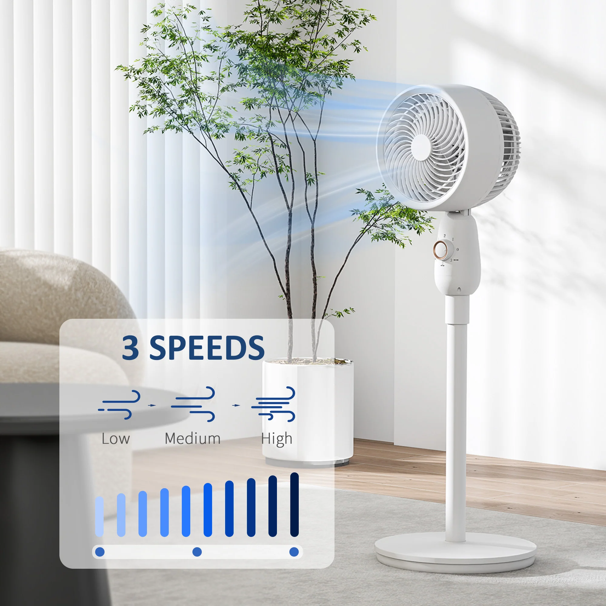 HOMCOM Pedestal Fan for Bedroom, Powerful Air Circulator with 3 Speed, White - Image 3