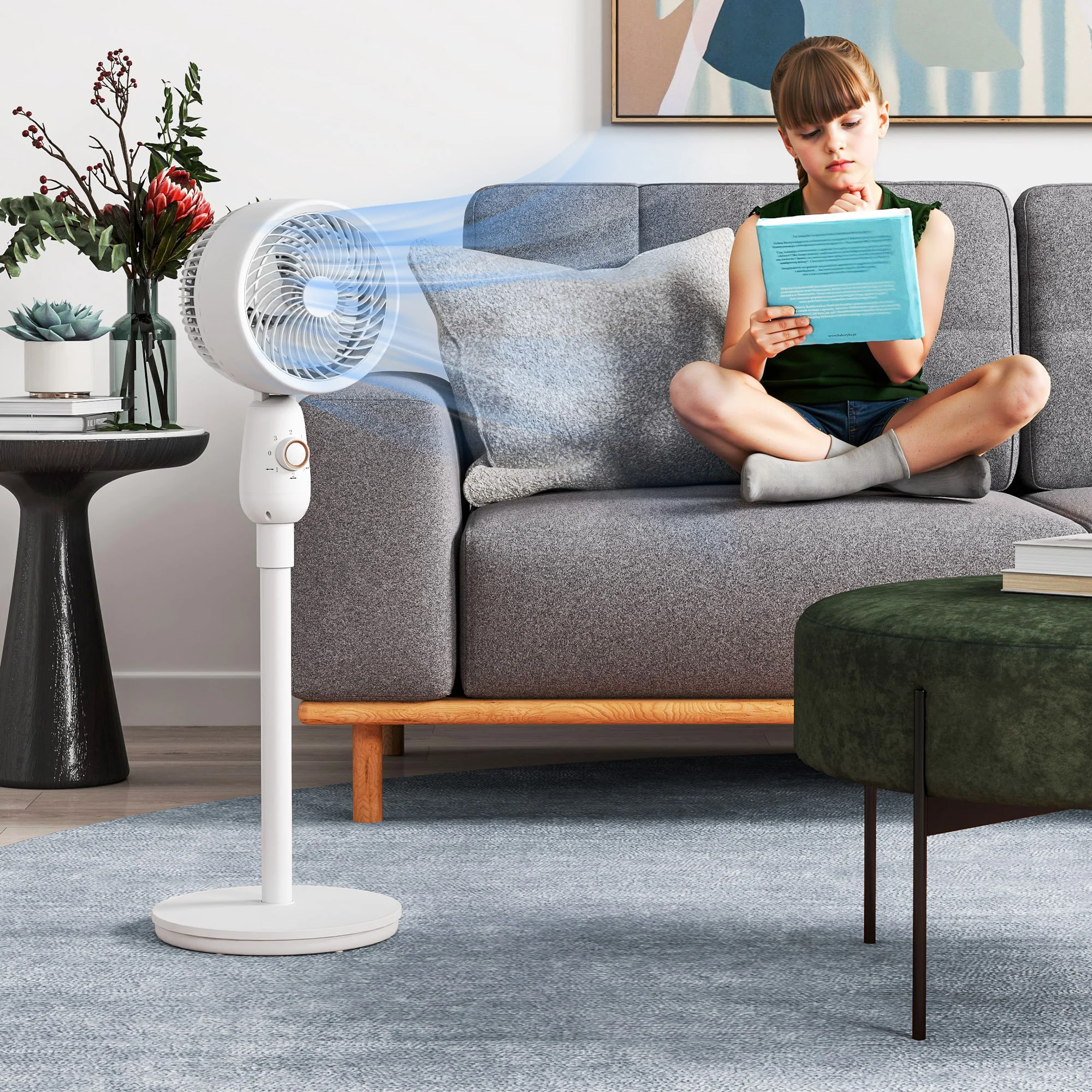 HOMCOM Pedestal Fan for Bedroom, Powerful Air Circulator with 3 Speed, White - Image 7