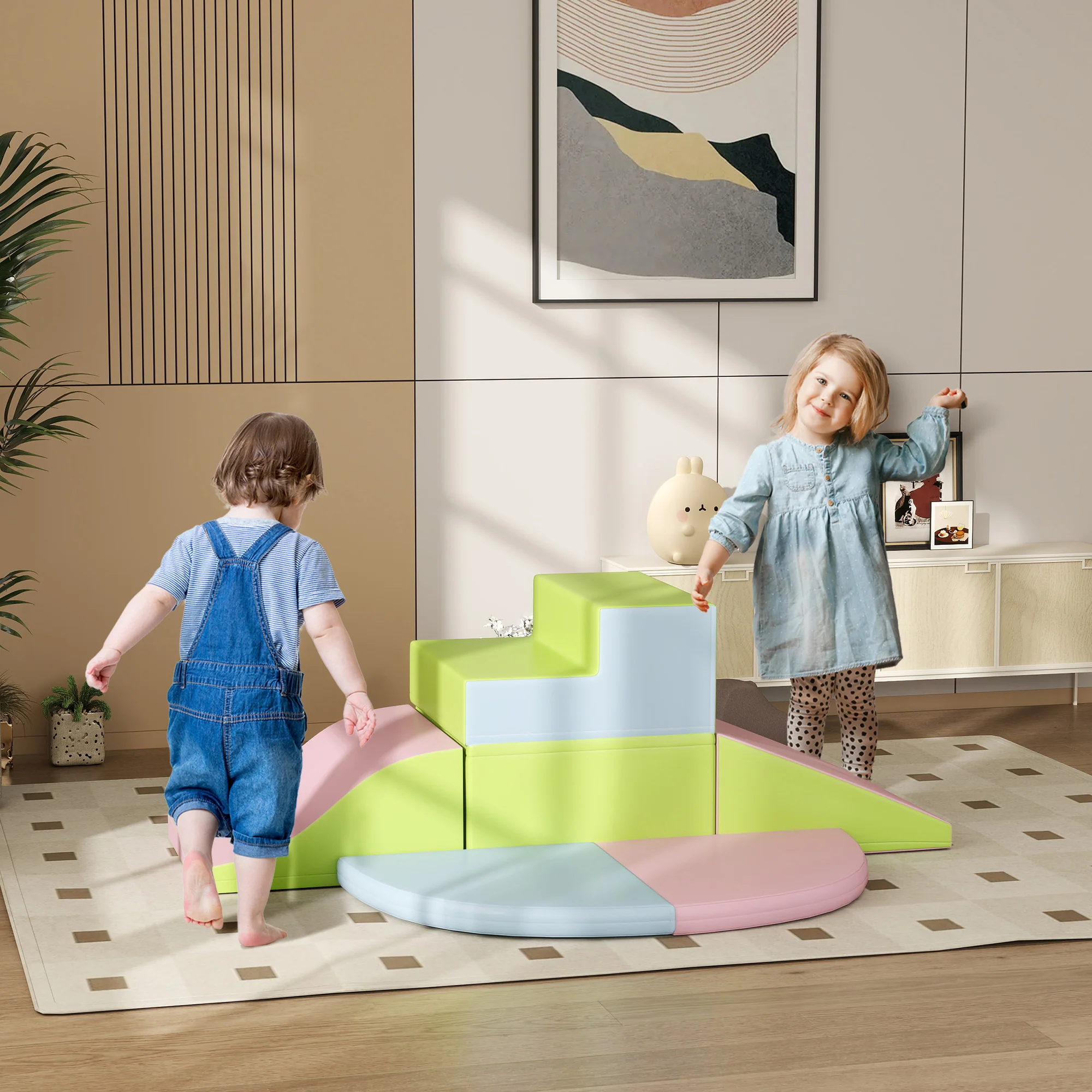 HOMCOM Pink, Blue, Green 6 Piece Soft Play Equipment For Kids Climb And Crawl - Image 3