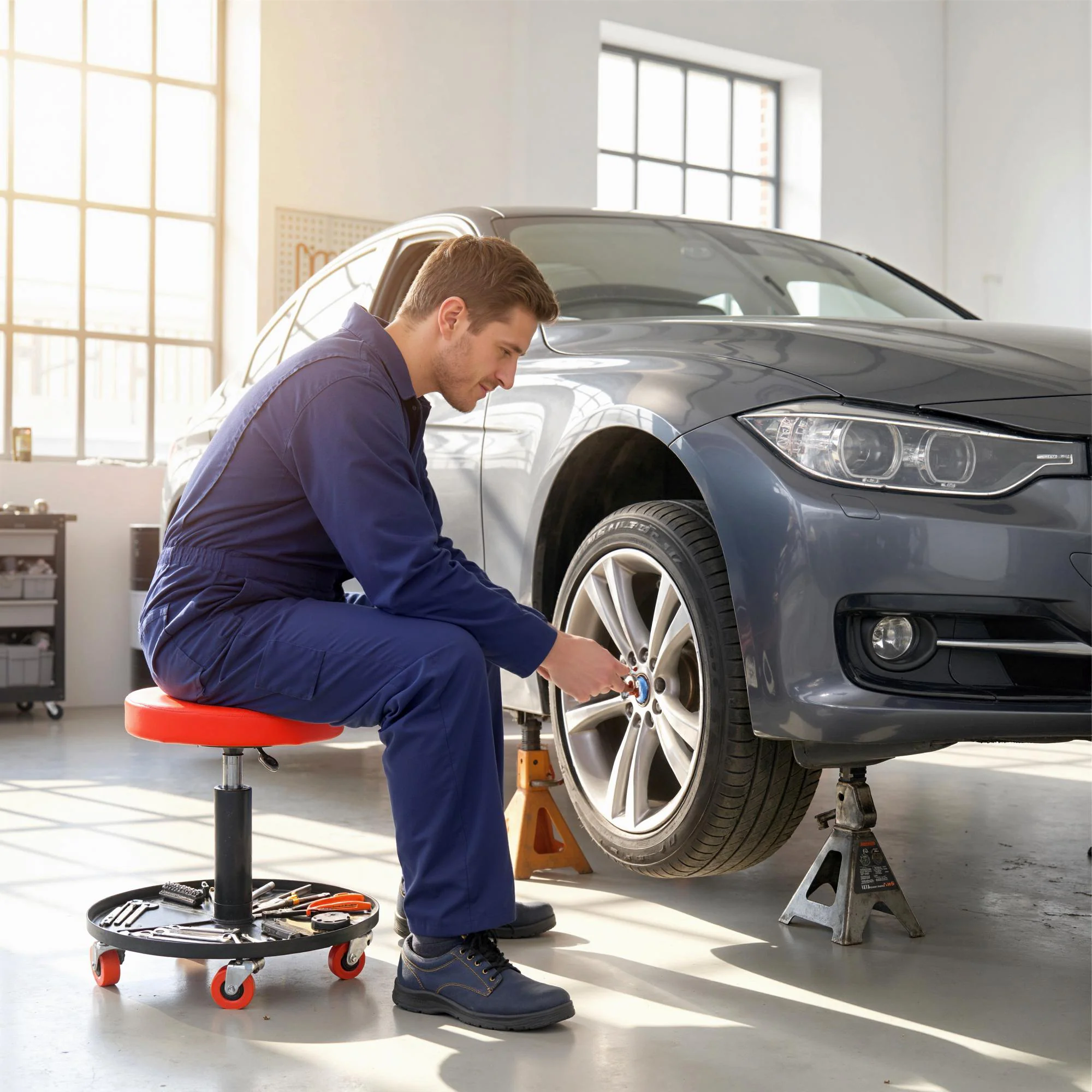 HOMCOM Pneumatic Adjustable Mechanic Stool W/ Tool Tray, Wheels - Image 9