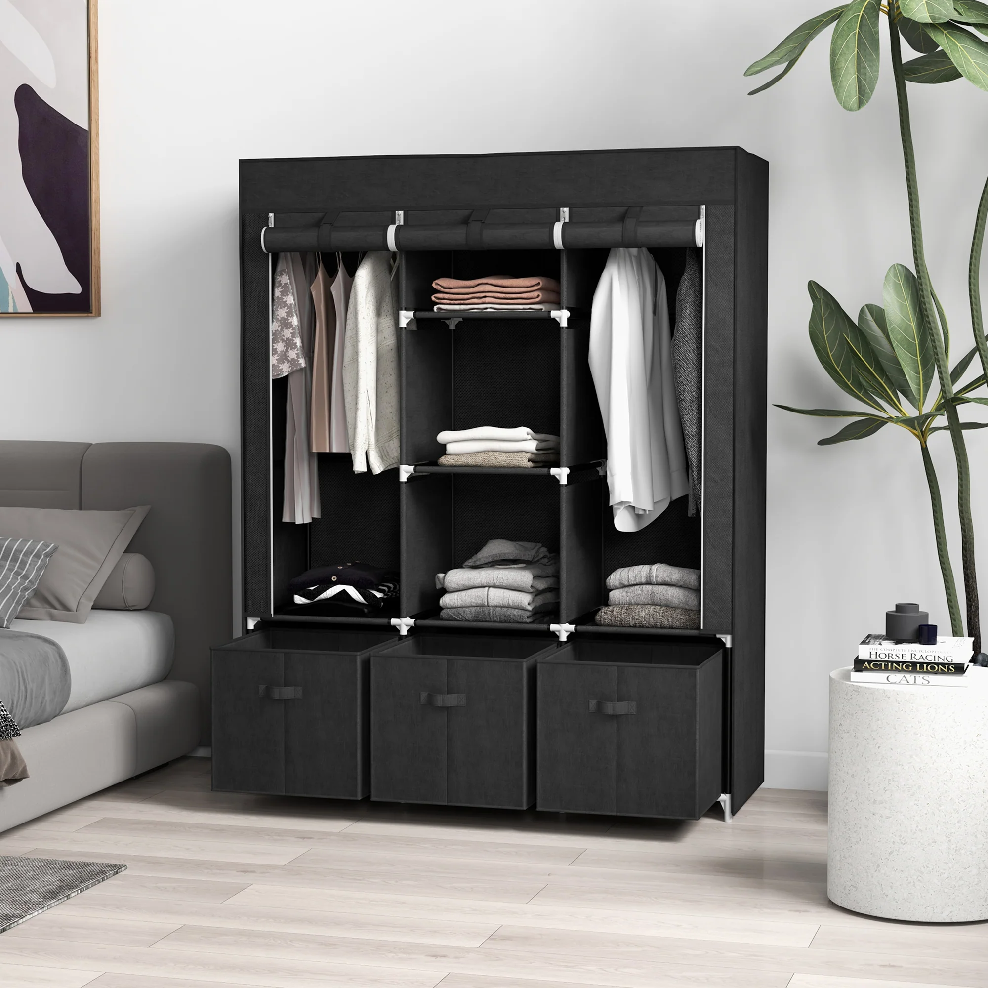 HOMCOM Portable Fabric Wardrobe with 5 Shelves and 3 Fabric Drawers, Black - Image 2