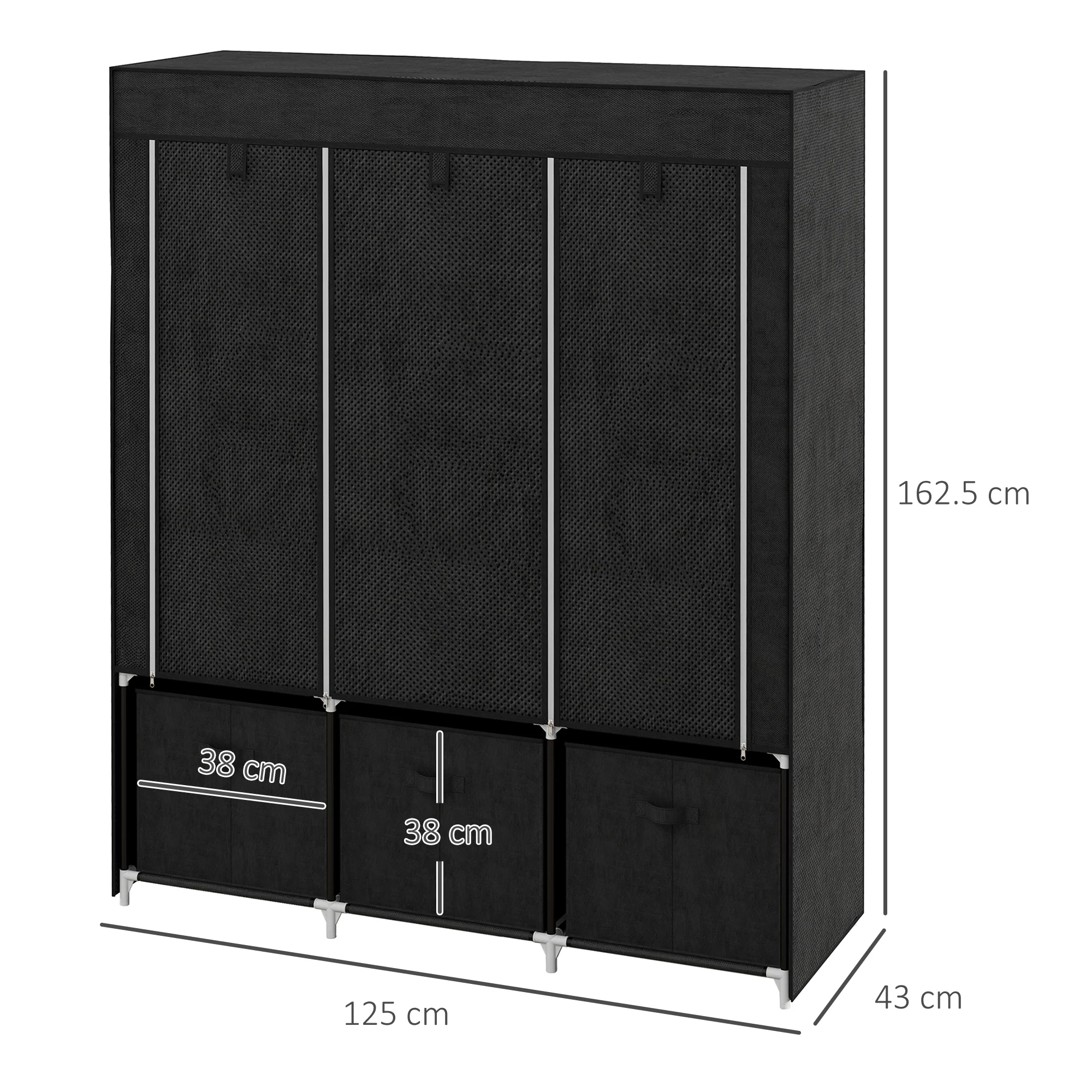 HOMCOM Portable Fabric Wardrobe with 5 Shelves and 3 Fabric Drawers, Black - Image 3