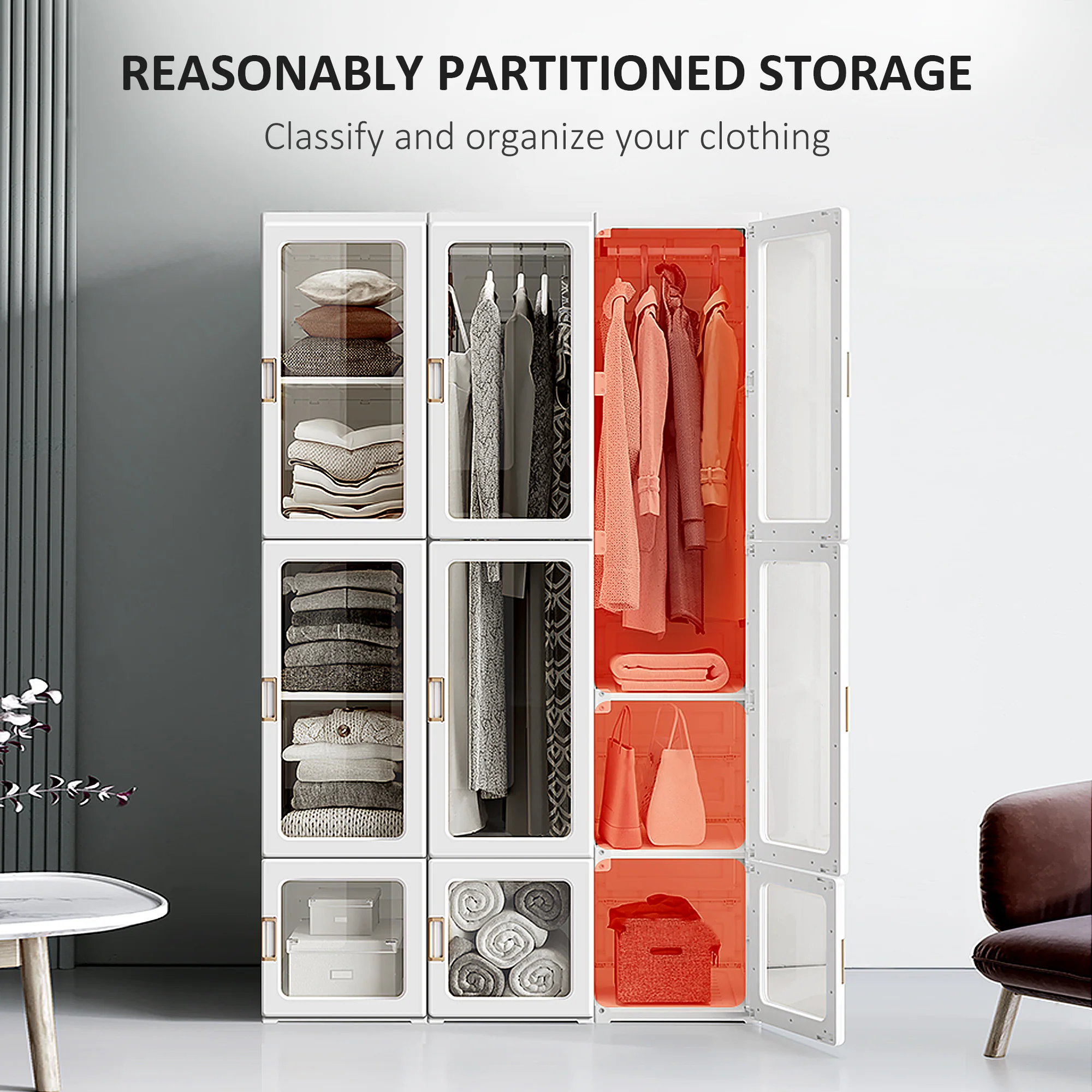 HOMCOM Portable Wardrobe, Clothes Organiser with Hanging Rods, White - Image 3