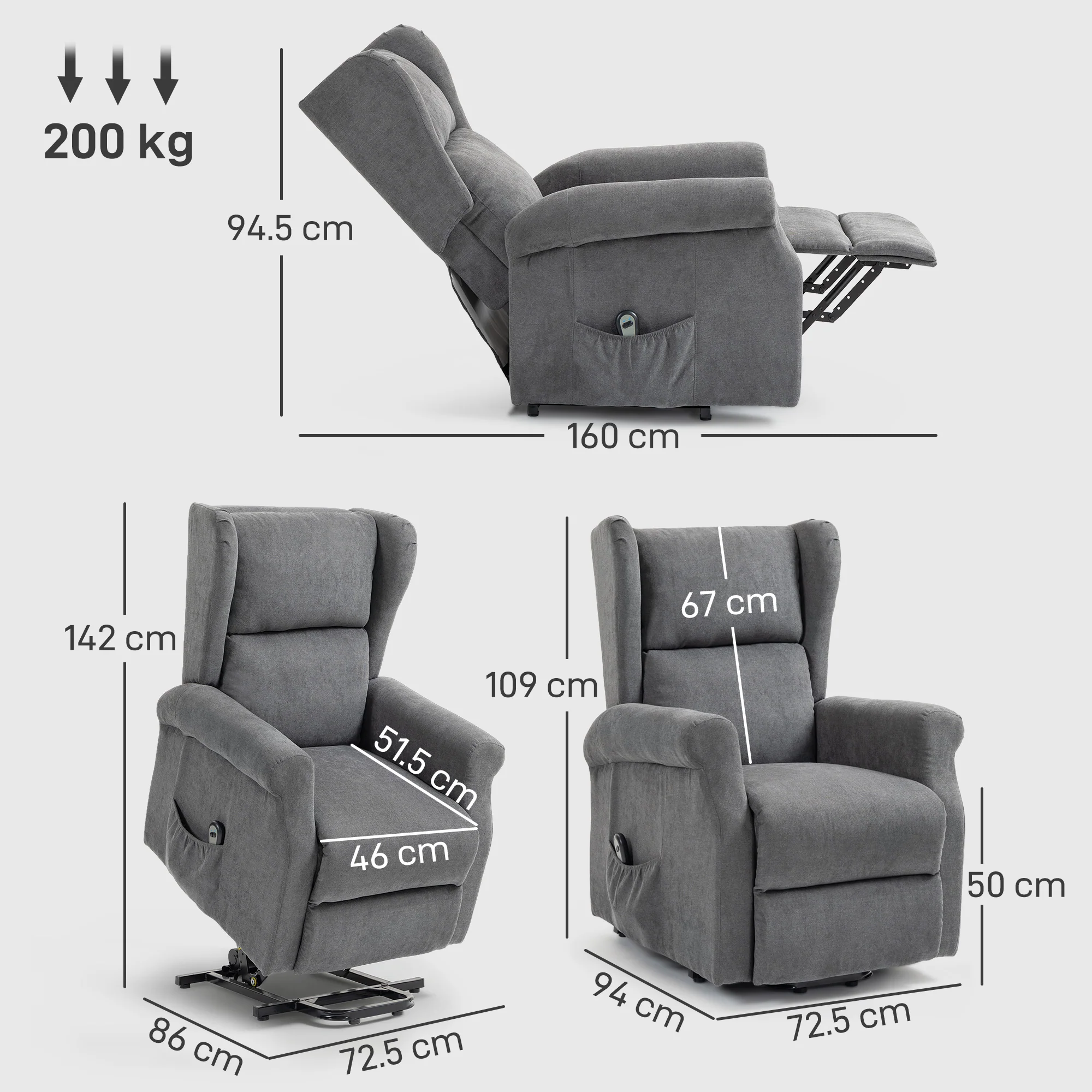 HOMCOM Power Lift Chair, Fabric Recliner Armchair W/ Remote Charcoal Grey - Image 3