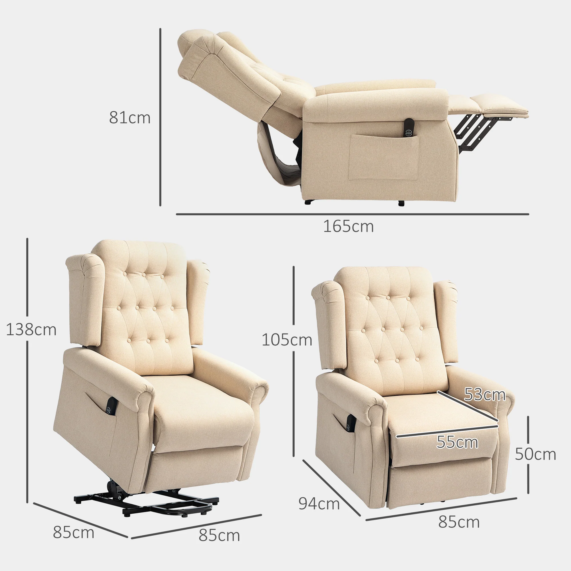 HOMCOM Power Lift Recliner Armchair With Wingback, Button Tufted, Beige - Image 5