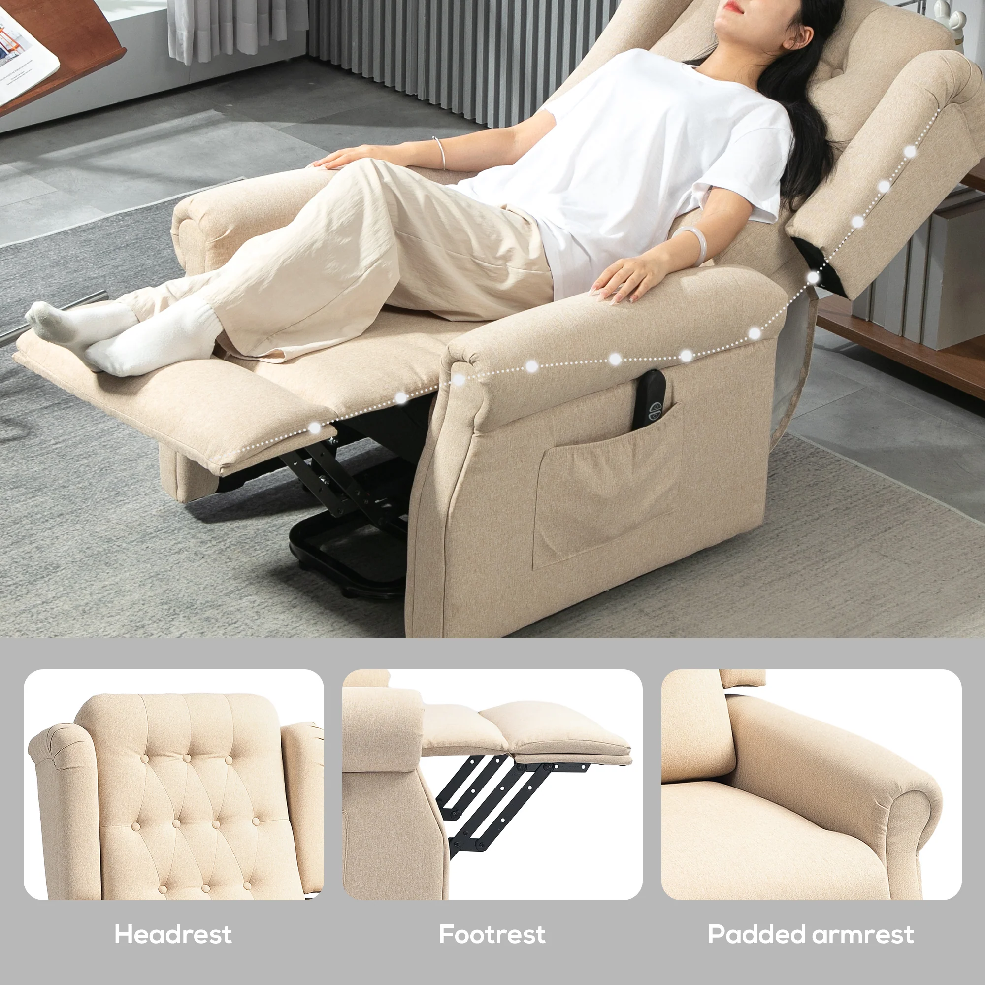 HOMCOM Power Lift Recliner Armchair With Wingback, Button Tufted, Beige - Image 7
