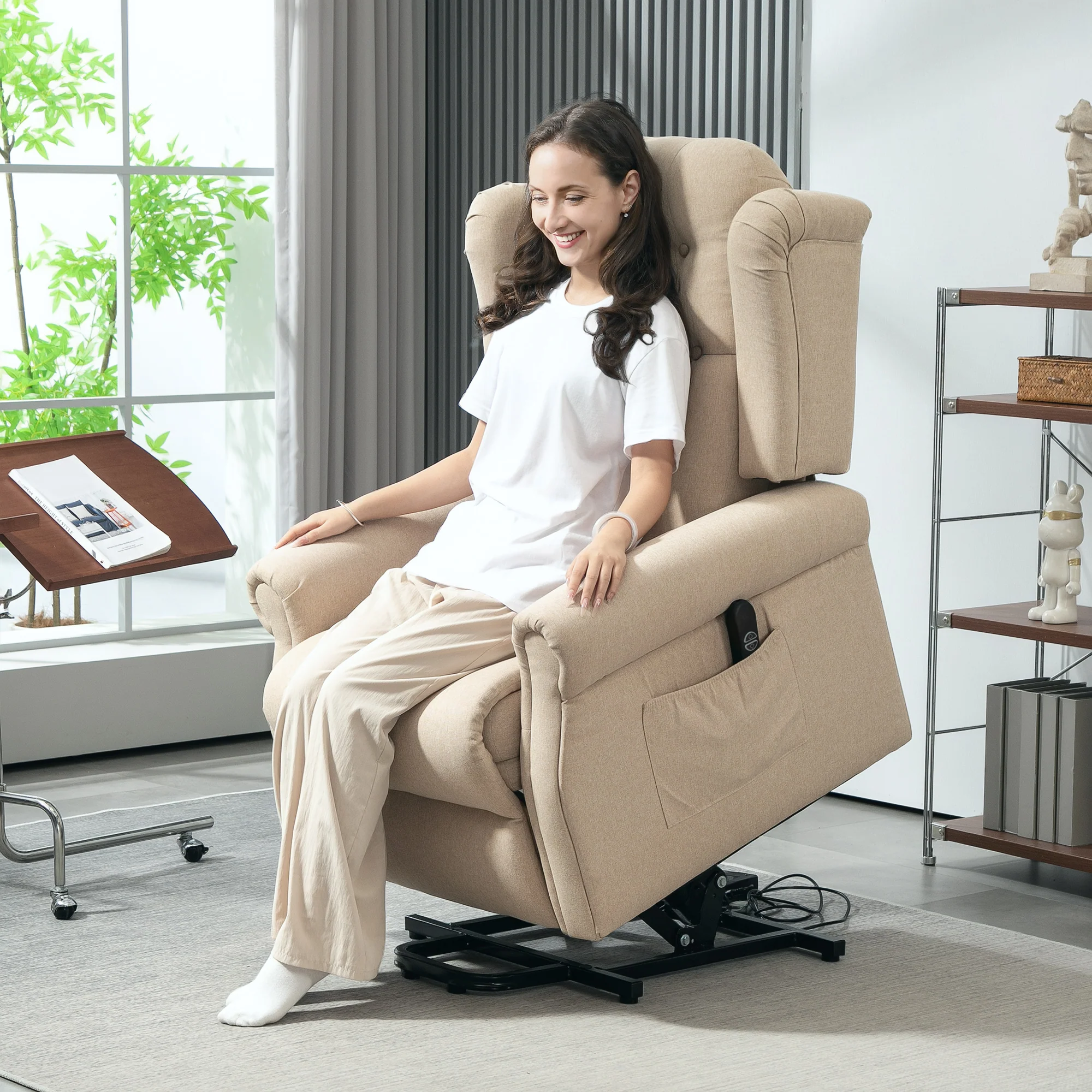 HOMCOM Power Lift Recliner Armchair With Wingback, Button Tufted, Beige - Image 8