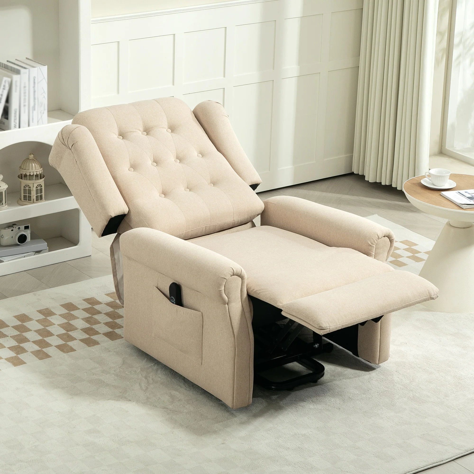 HOMCOM Power Lift Recliner Armchair With Wingback, Button Tufted, Beige - Image 9
