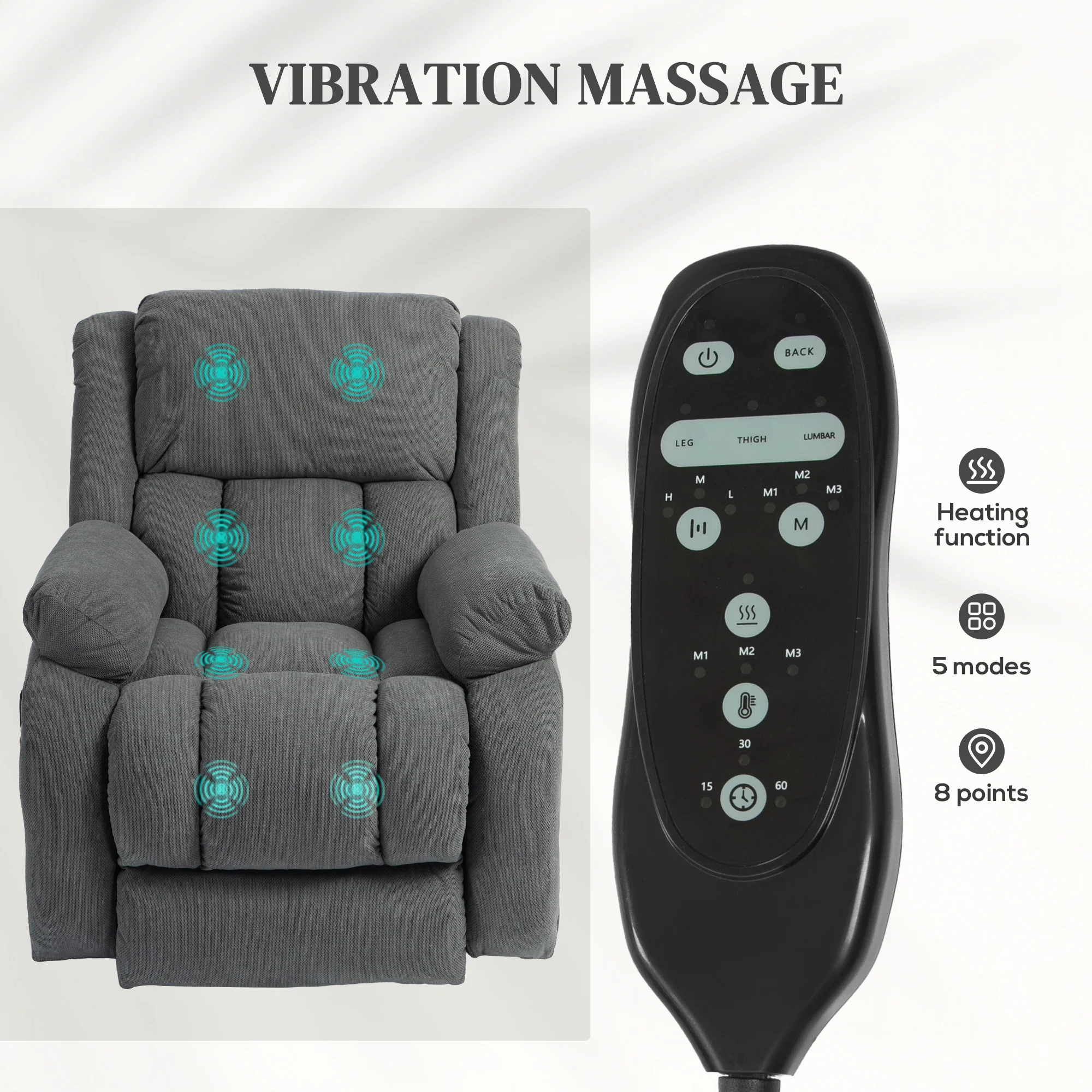 HOMCOM Power Lift Recliner Chair, Reclining Chair With Massage, Grey - Image 5