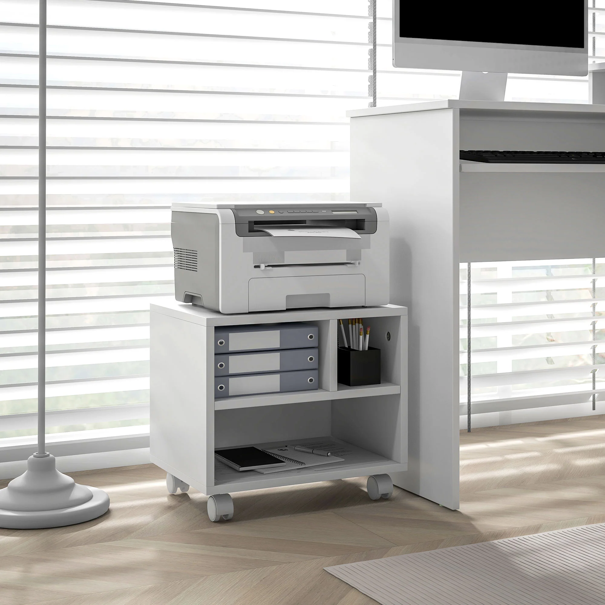 HOMCOM Printer Stand With Storage Printer Cart On Wheels For Home Office White - Image 2
