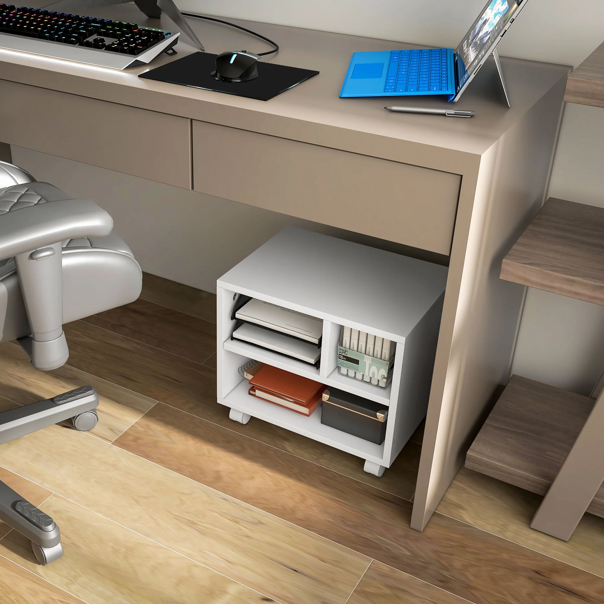 HOMCOM Printer Stand With Storage Printer Cart On Wheels For Home Office White - Image 7