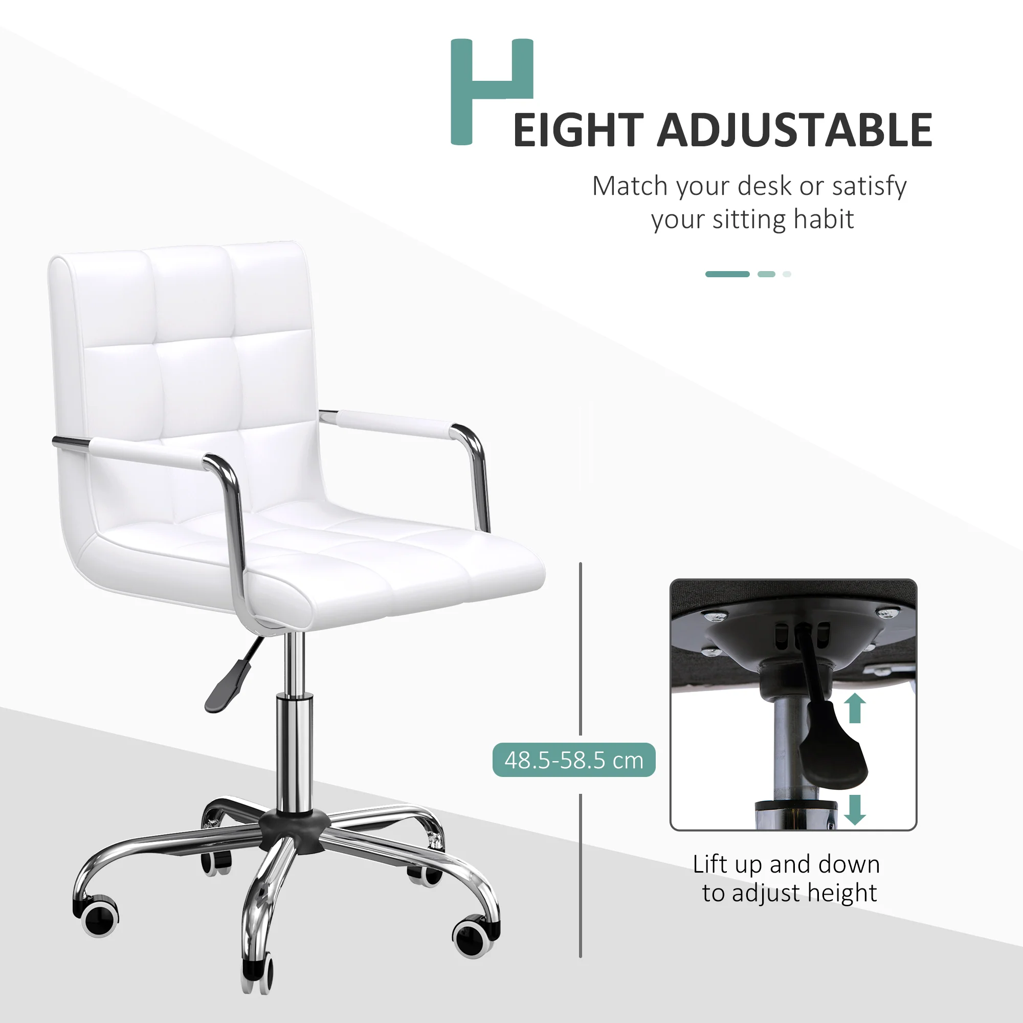 HOMCOM PU Leather Computer Chair, Adjustable Height-White - Image 3