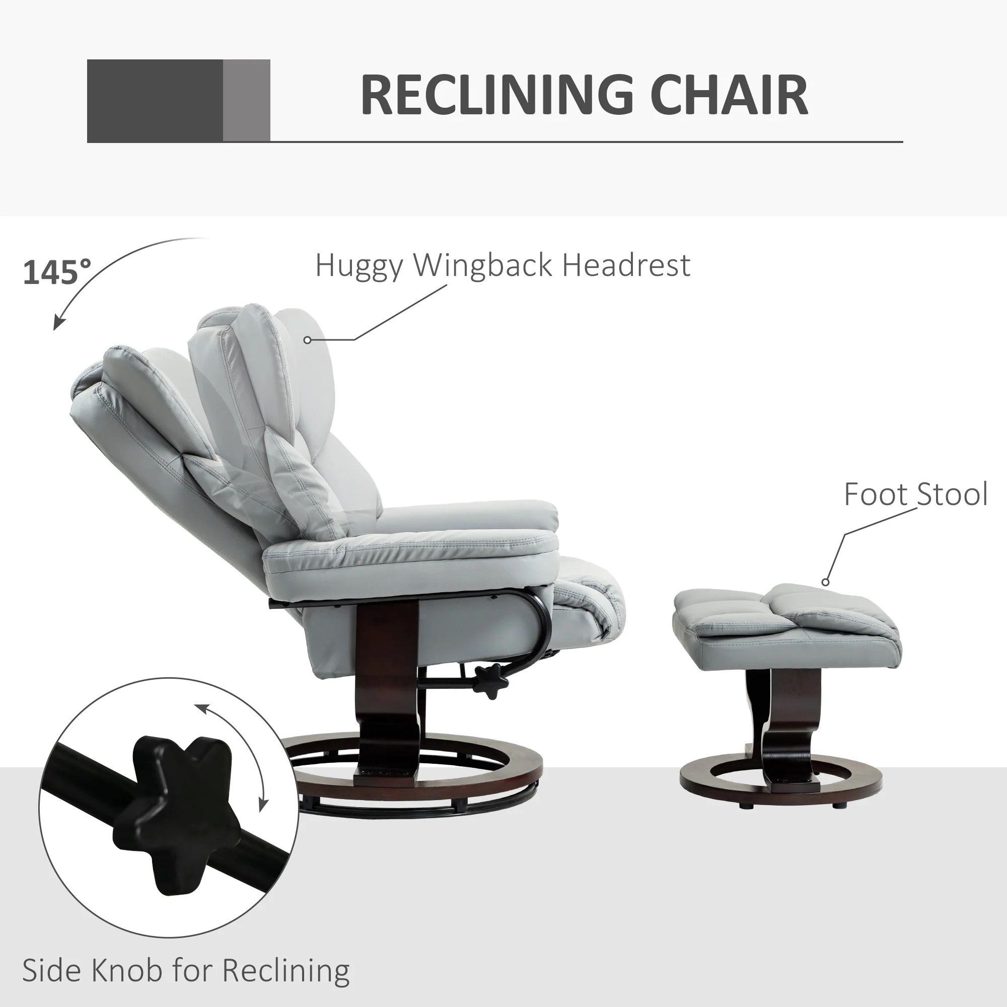 HOMCOM PU Leather Manual Reclining Armchair Footstool Padded Seat Light Grey - Image 3