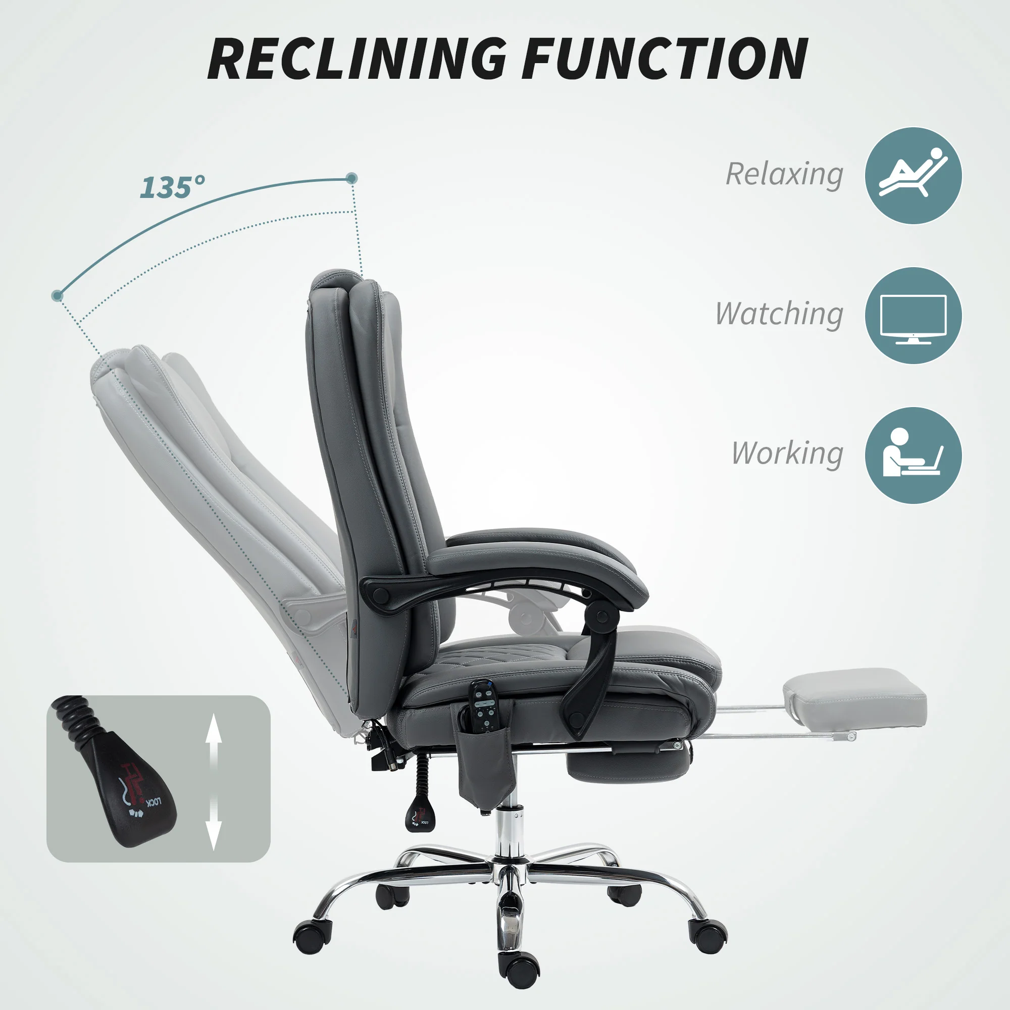 HOMCOM PU Leather Massage Office Chair, Reclining Desk Chair - Grey/Brown - Image 16