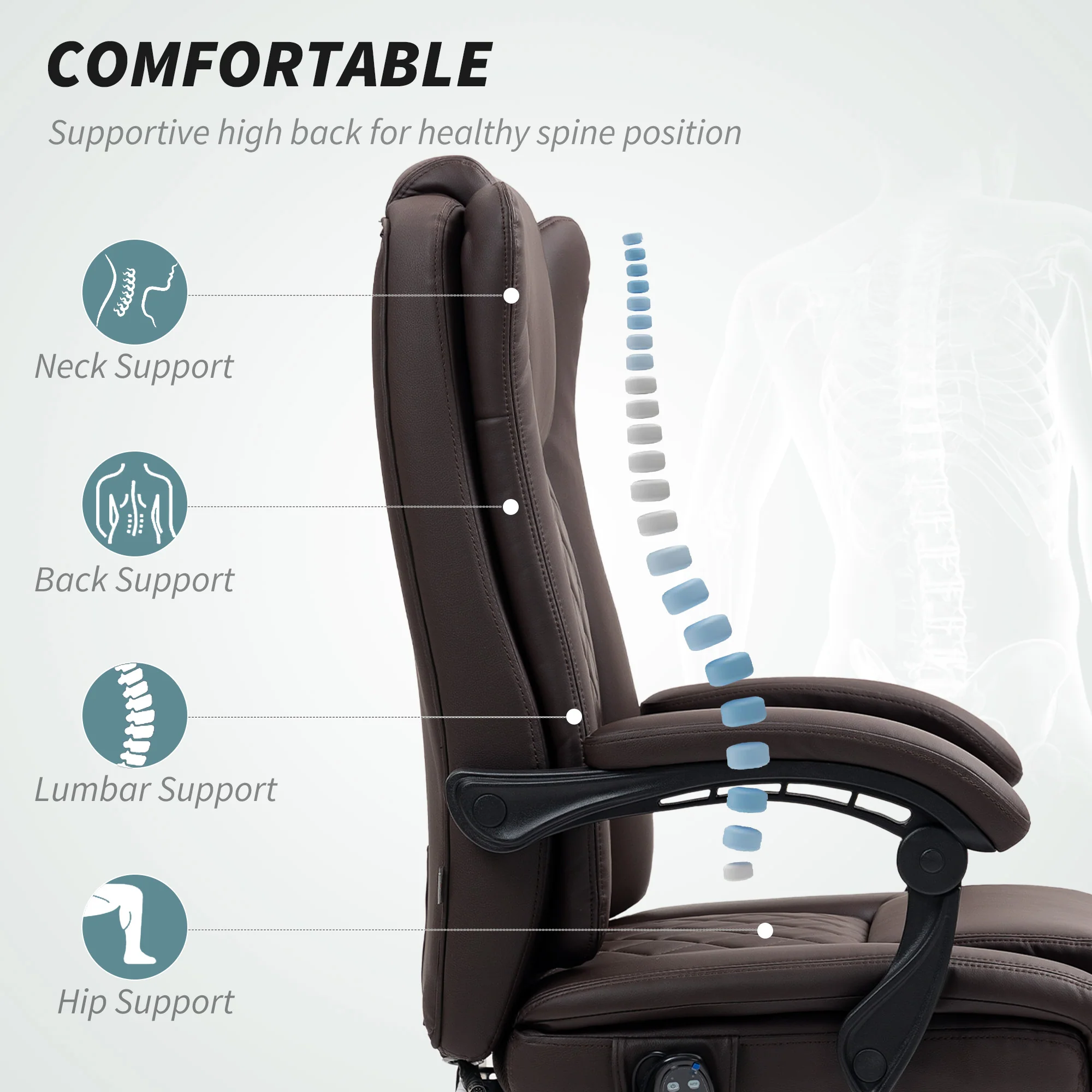 HOMCOM PU Leather Massage Office Chair, Reclining Desk Chair - Grey/Brown - Image 4