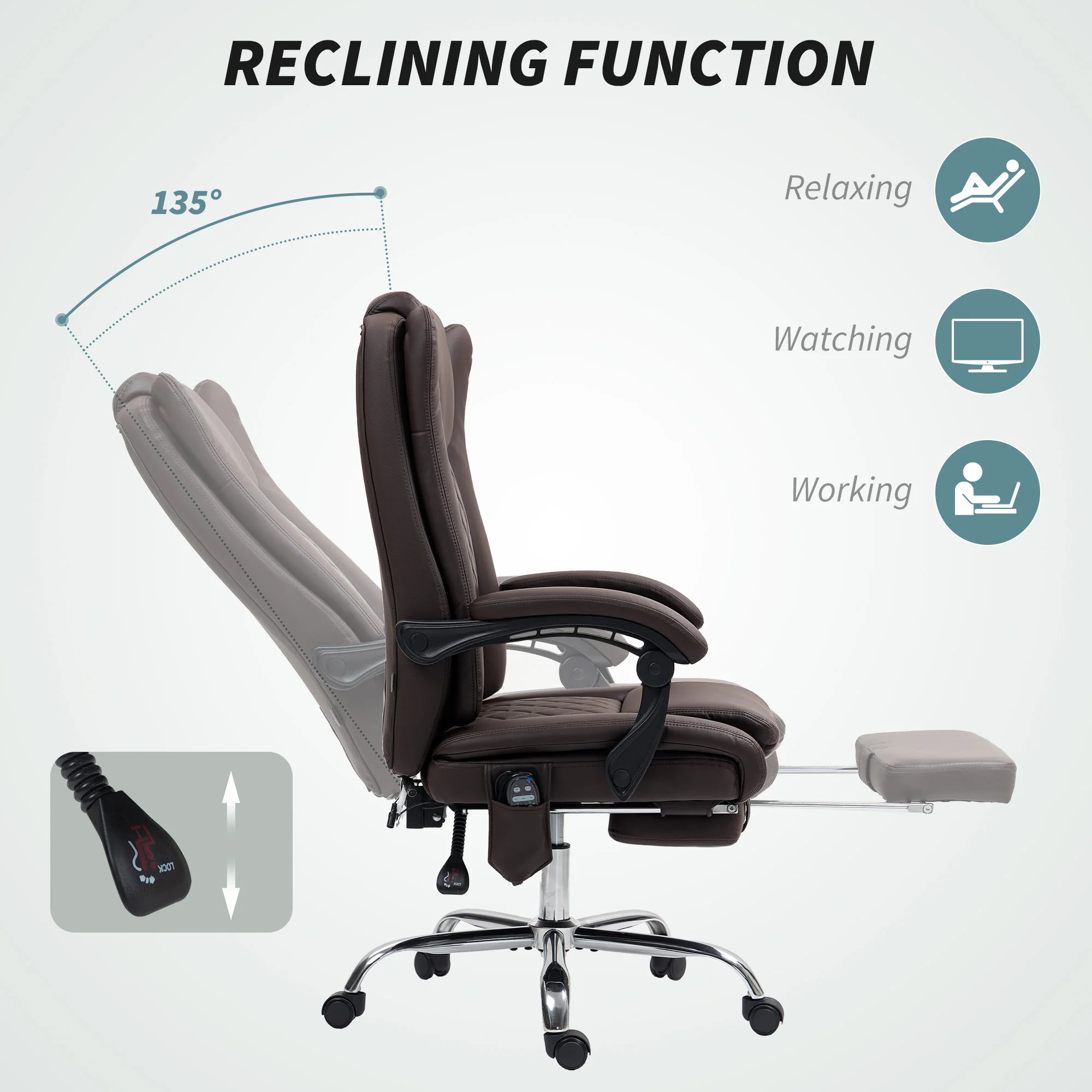 HOMCOM PU Leather Massage Office Chair, Reclining Desk Chair - Grey/Brown - Image 7