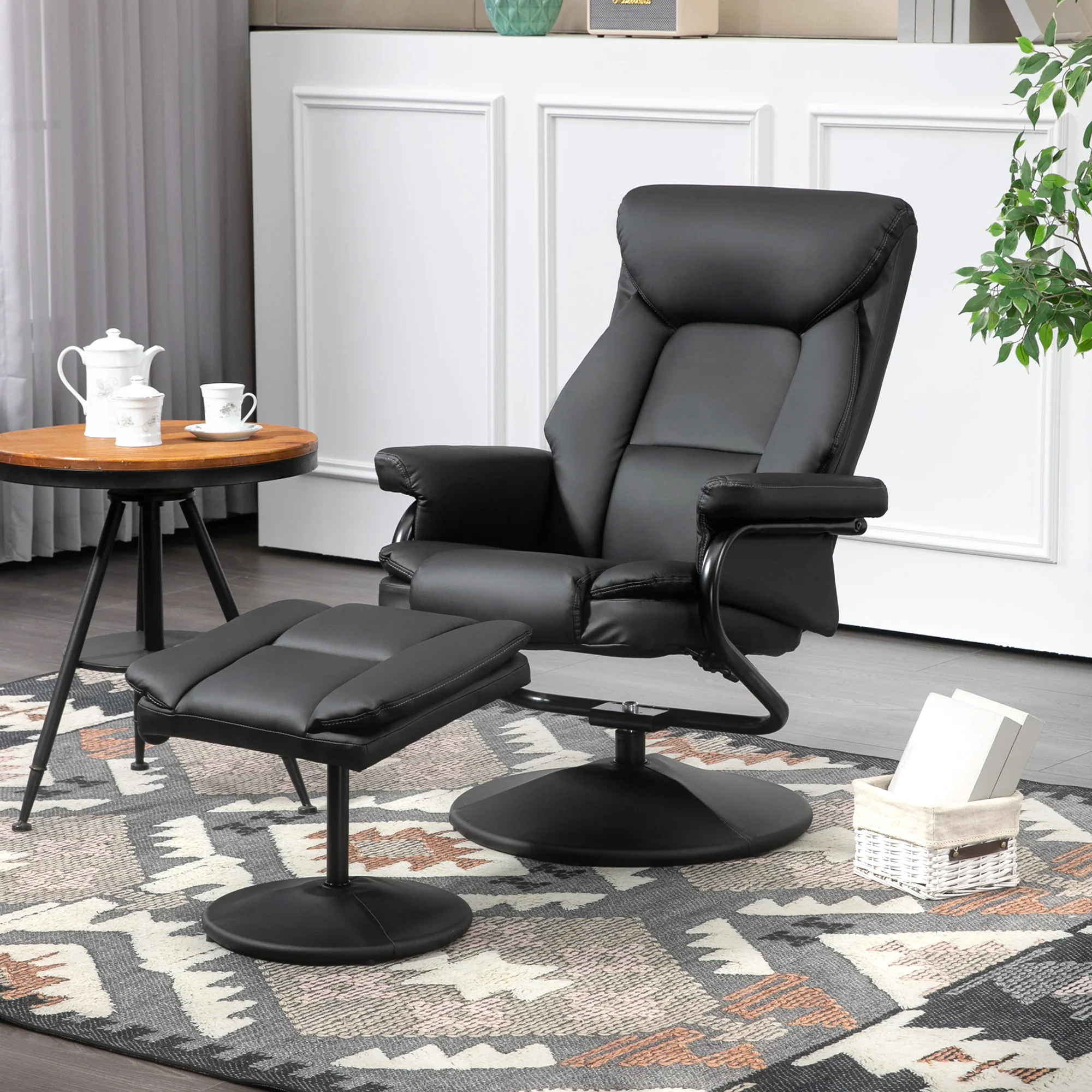 HOMCOM PU Leather Swivel Recliner Armchair With Ottoman, Black - Image 2