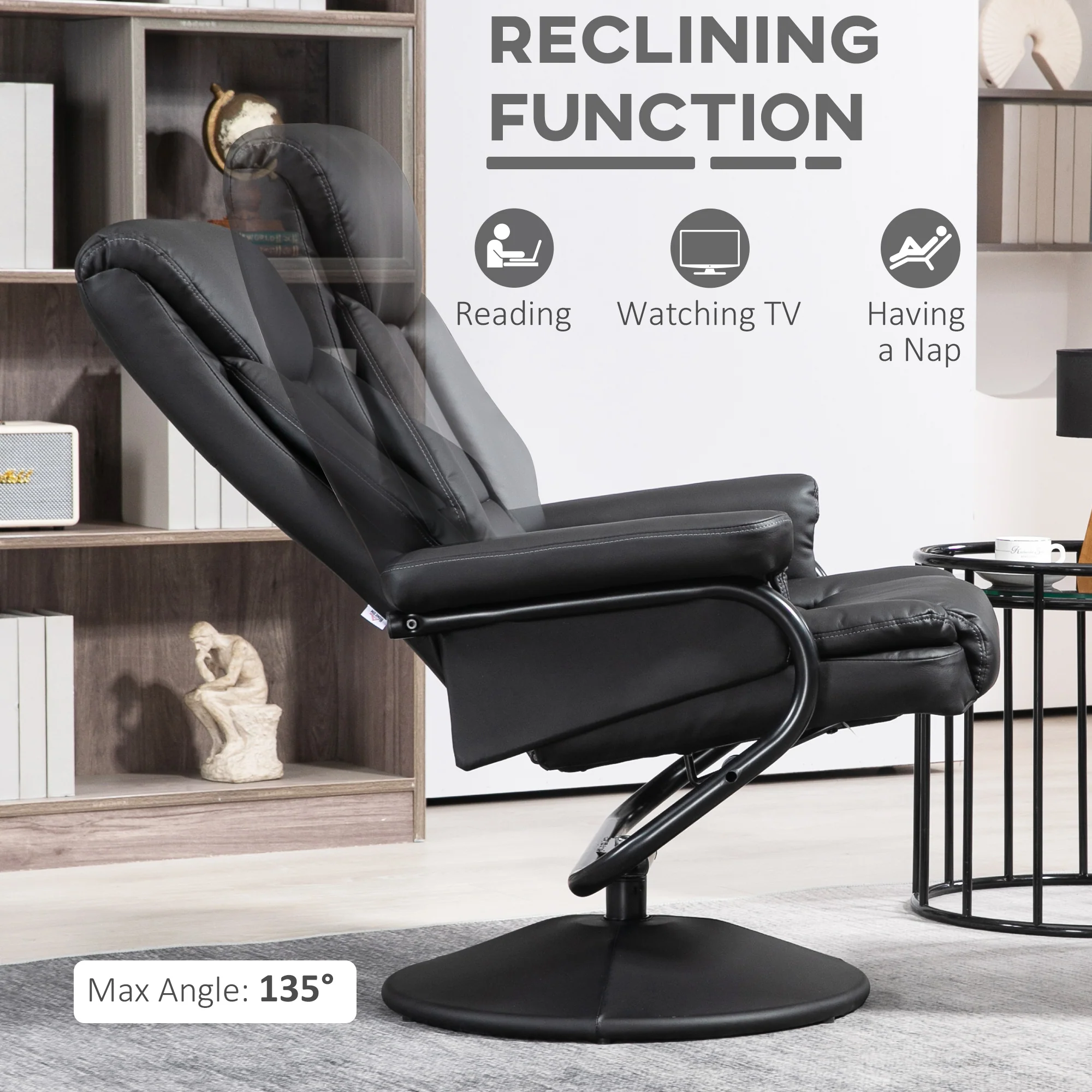 HOMCOM PU Leather Swivel Recliner Armchair With Ottoman, Black - Image 4