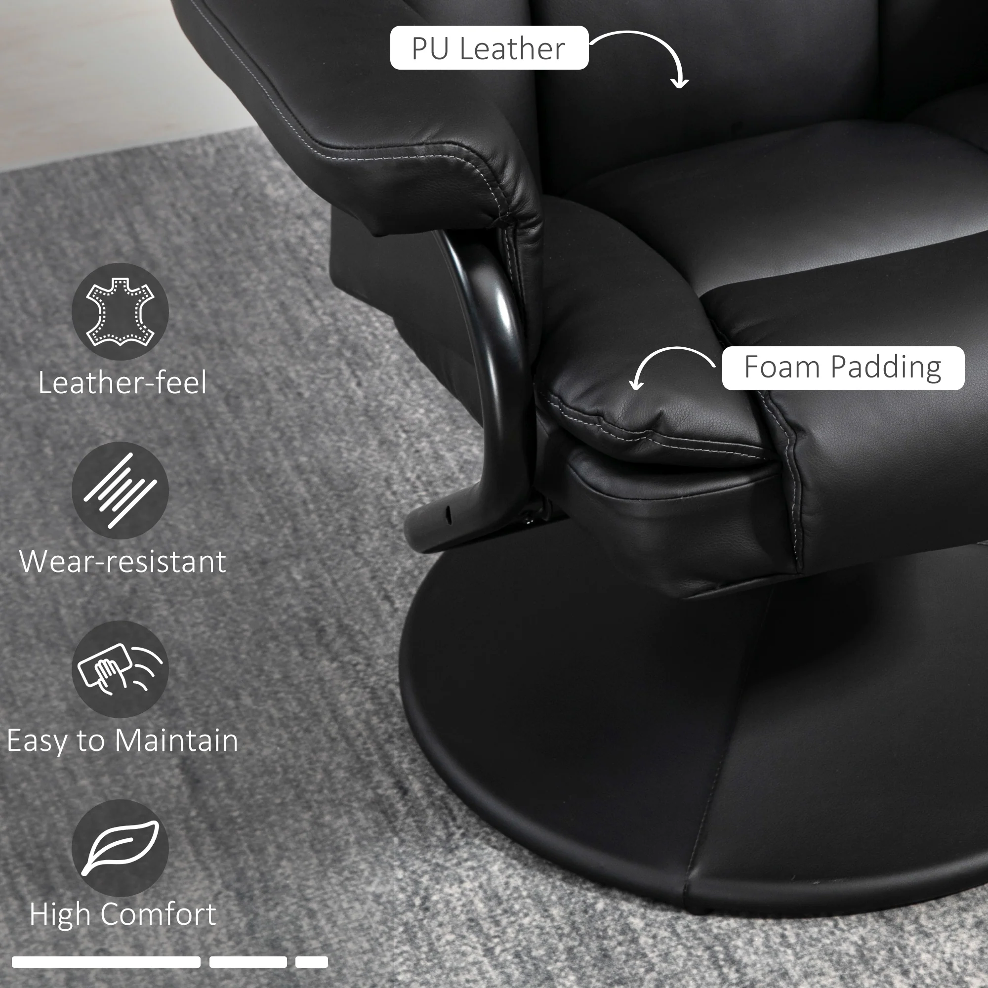 HOMCOM PU Leather Swivel Recliner Armchair With Ottoman, Black - Image 5