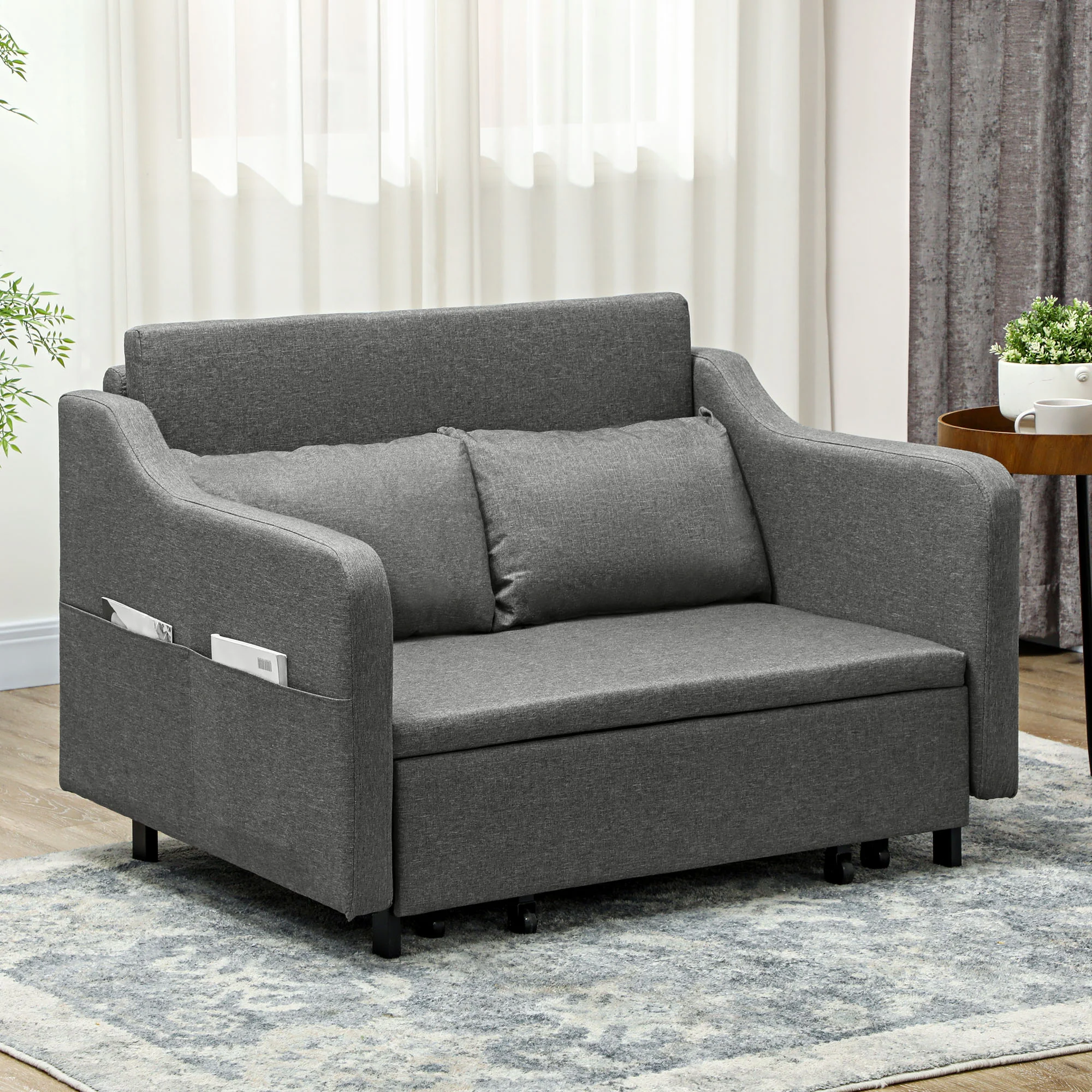 HOMCOM Pull Out Sofa Bed, Fabric 2 Seater Sofa Couch For Living Room, Grey - Image 2