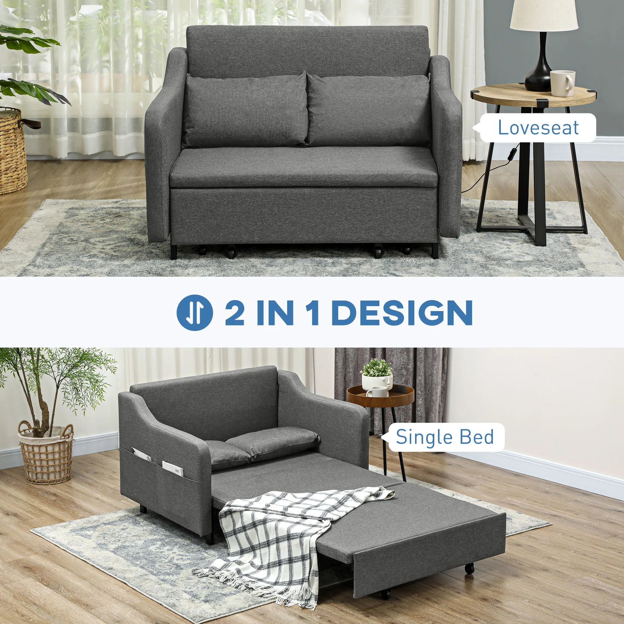HOMCOM Pull Out Sofa Bed, Fabric 2 Seater Sofa Couch For Living Room, Grey - Image 3