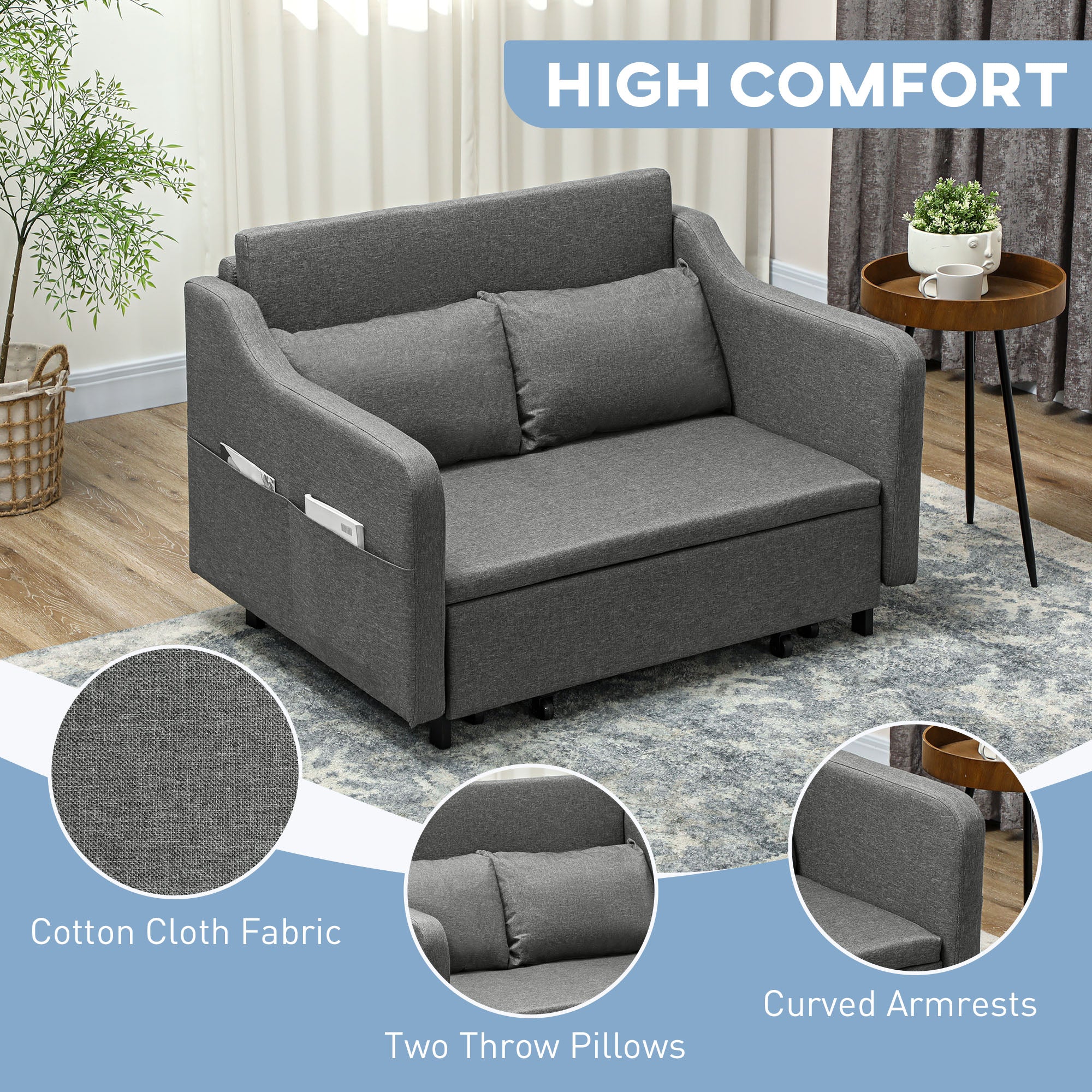 HOMCOM Pull Out Sofa Bed, Fabric 2 Seater Sofa Couch For Living Room, Grey - Image 4