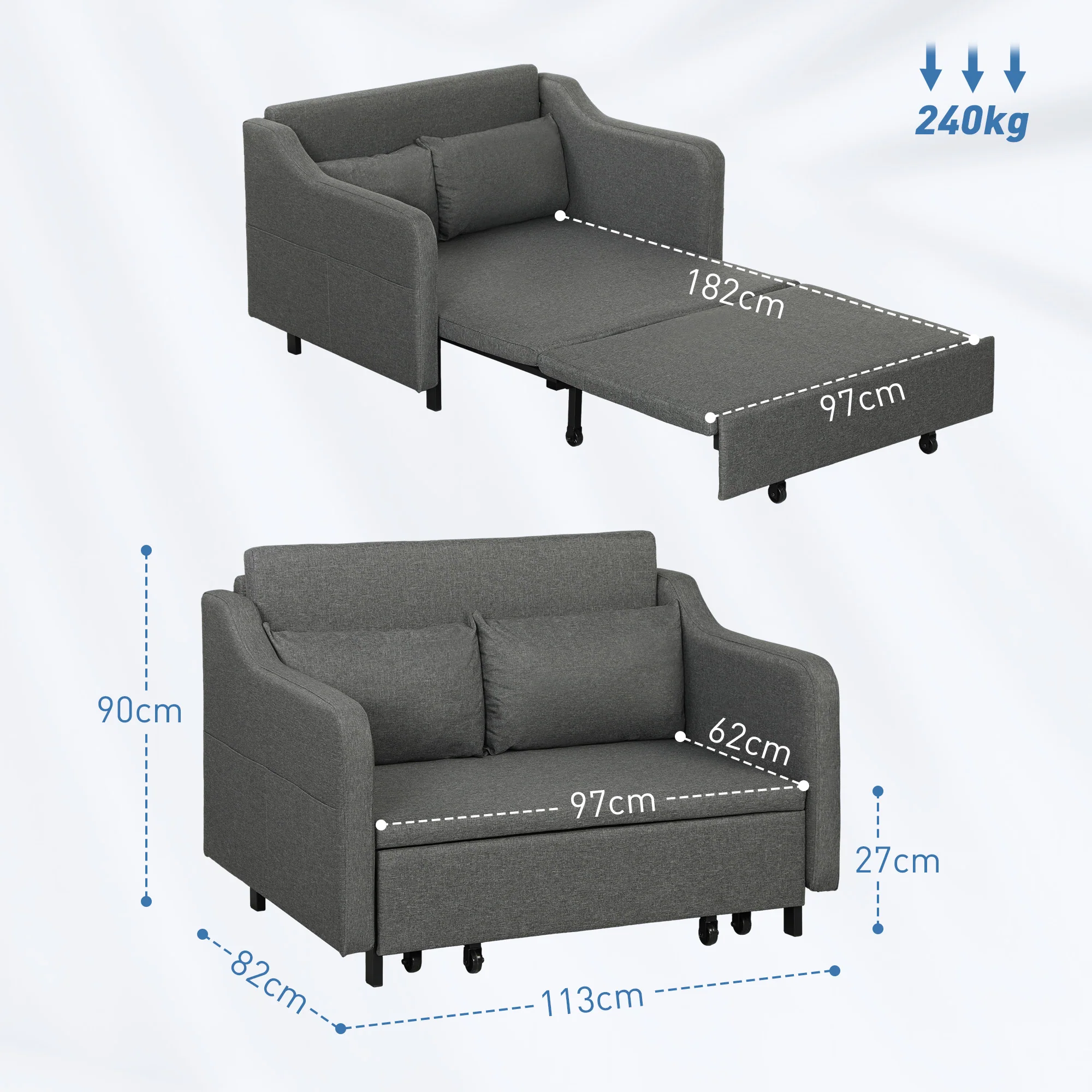 HOMCOM Pull Out Sofa Bed, Fabric 2 Seater Sofa Couch For Living Room, Grey - Image 5