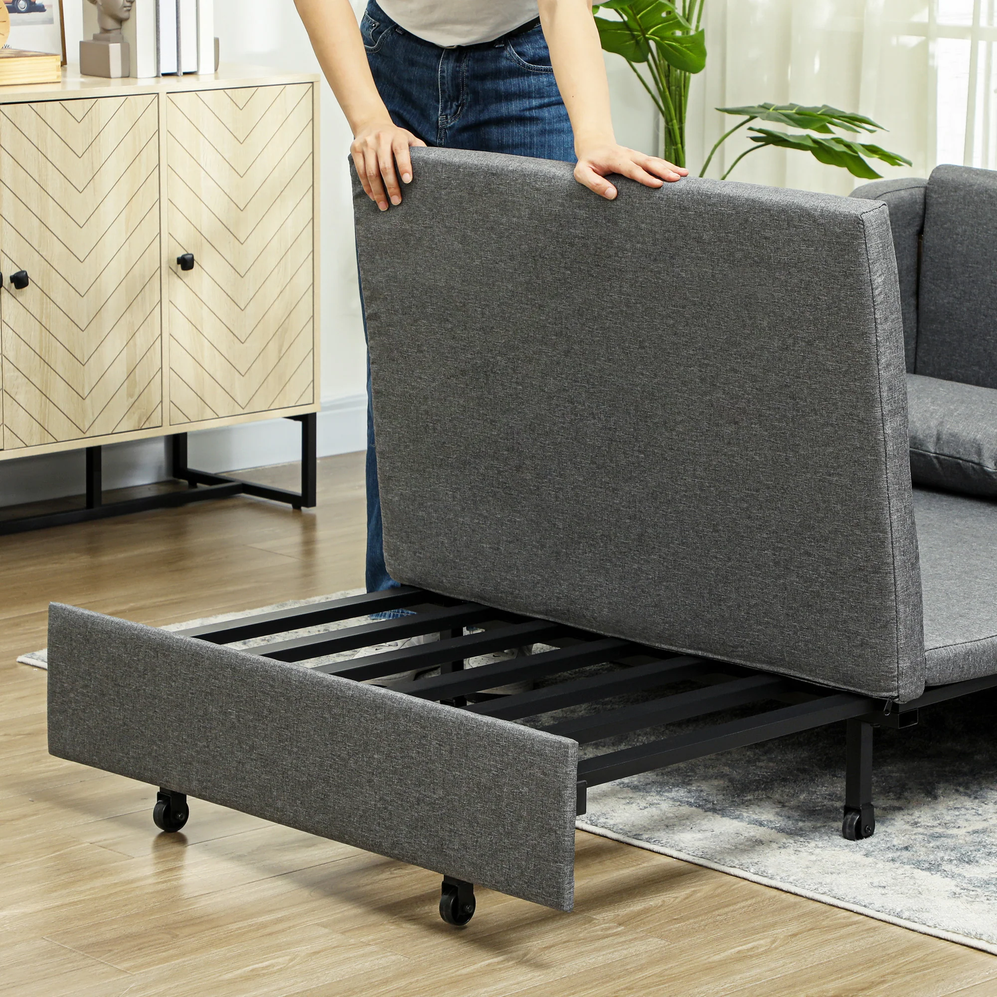 HOMCOM Pull Out Sofa Bed, Fabric 2 Seater Sofa Couch For Living Room, Grey - Image 9