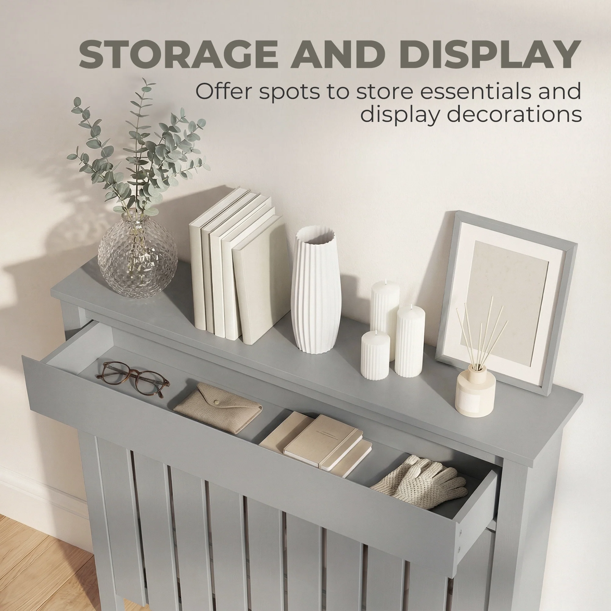 HOMCOM Radiator Cover With Drawer And Vertical Slats Grey - Image 3
