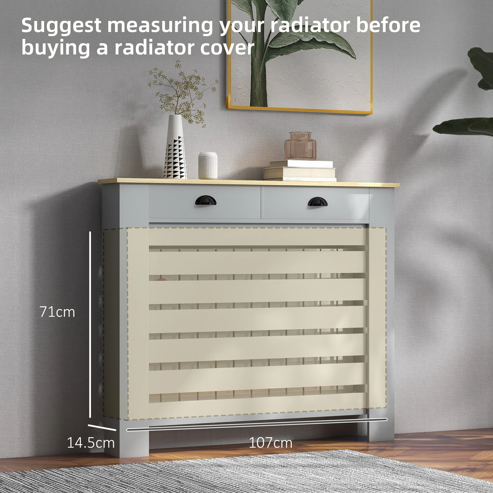 HOMCOM Radiator Cover With Drawer, Horizontal Slat - Image 16