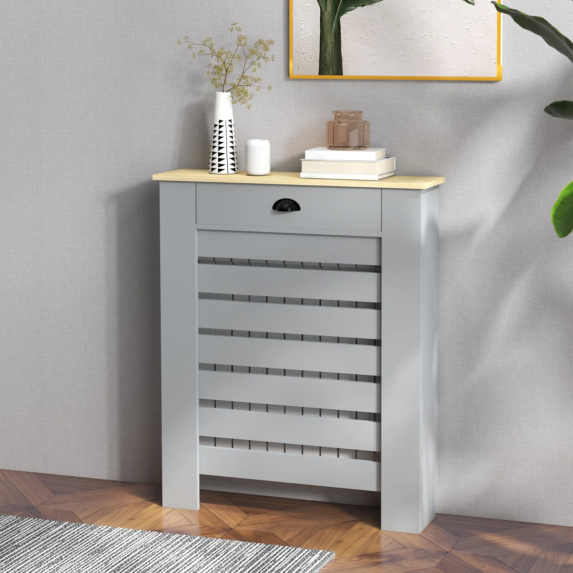HOMCOM Radiator Cover With Drawer, Horizontal Slat - Image 2