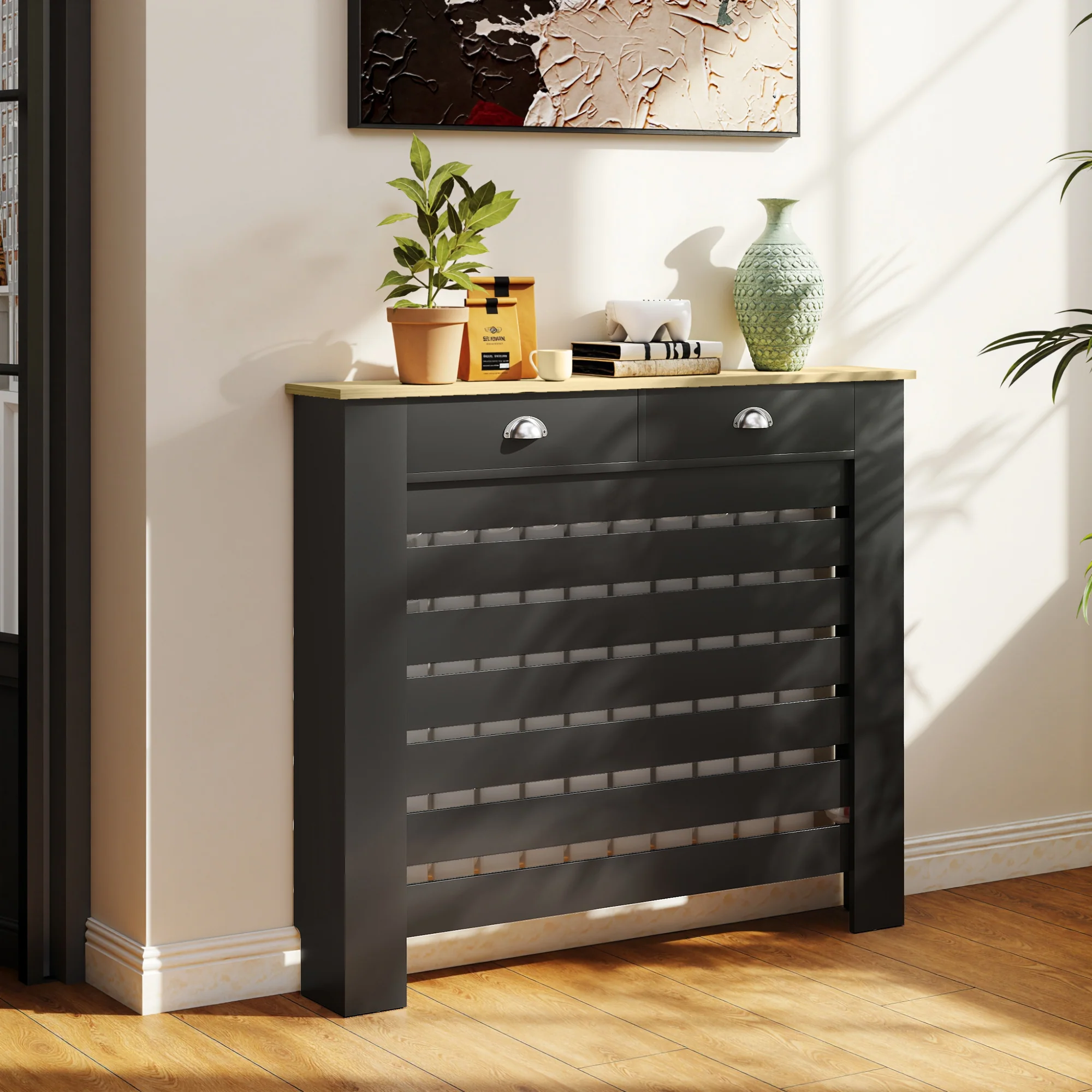 HOMCOM Radiator Cover With Drawer, Horizontal Slat Black - Image 11