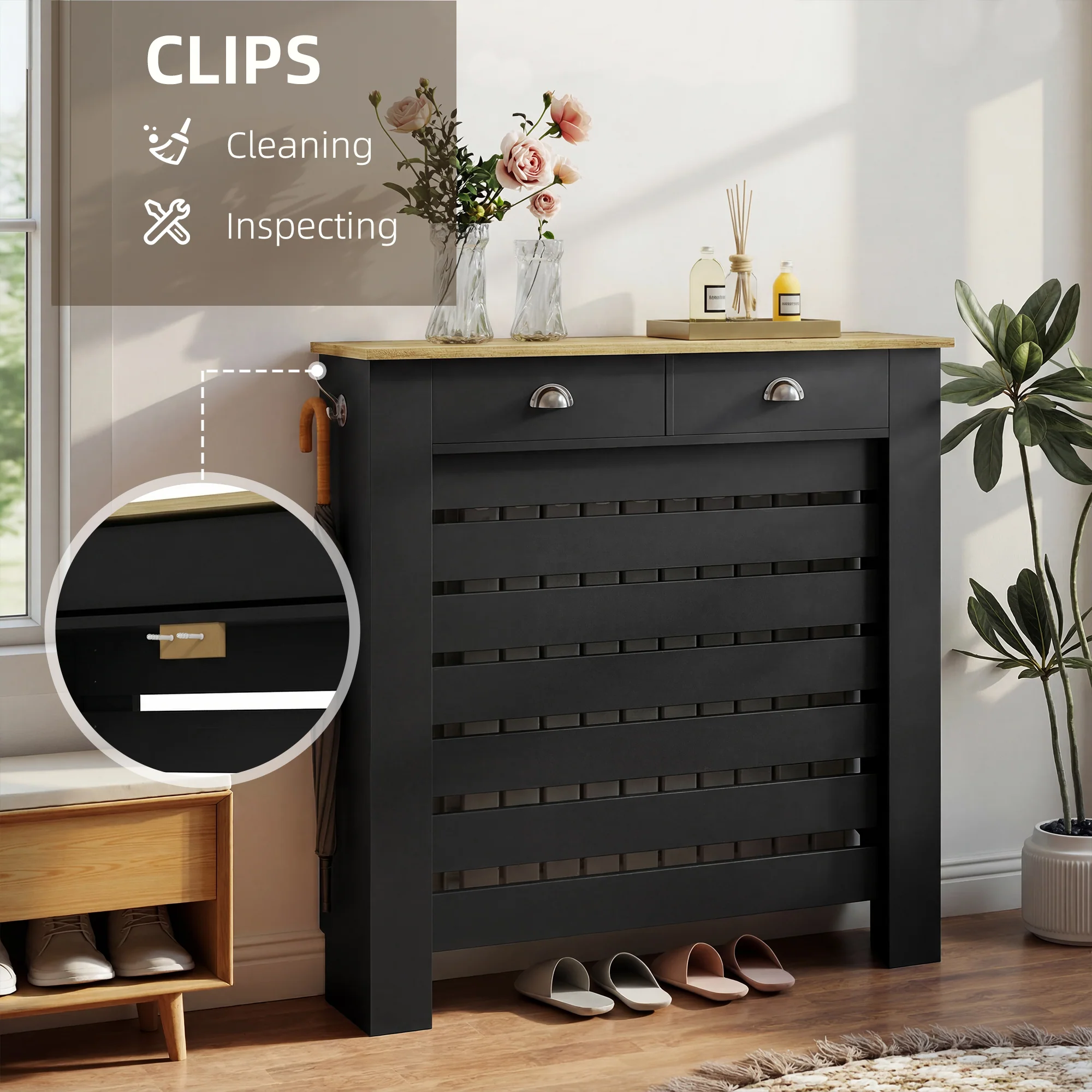 HOMCOM Radiator Cover With Drawer, Horizontal Slat Black - Image 15