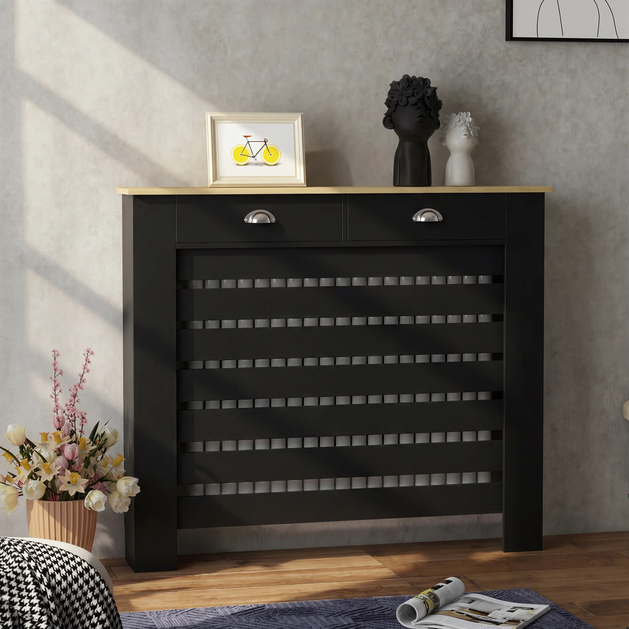 HOMCOM Radiator Cover With Drawer, Horizontal Slat Black - Image 18