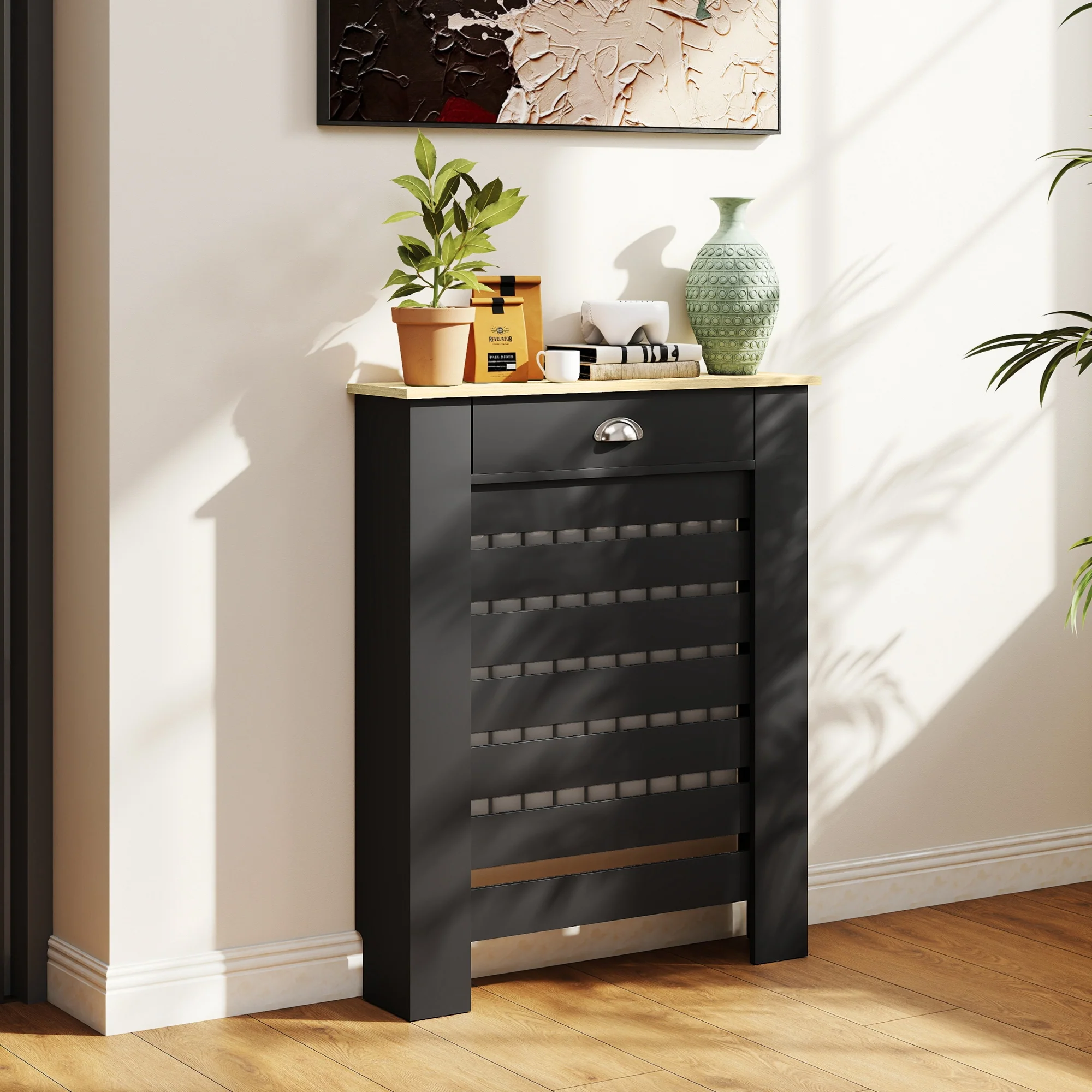 HOMCOM Radiator Cover With Drawer, Horizontal Slat Black - Image 2