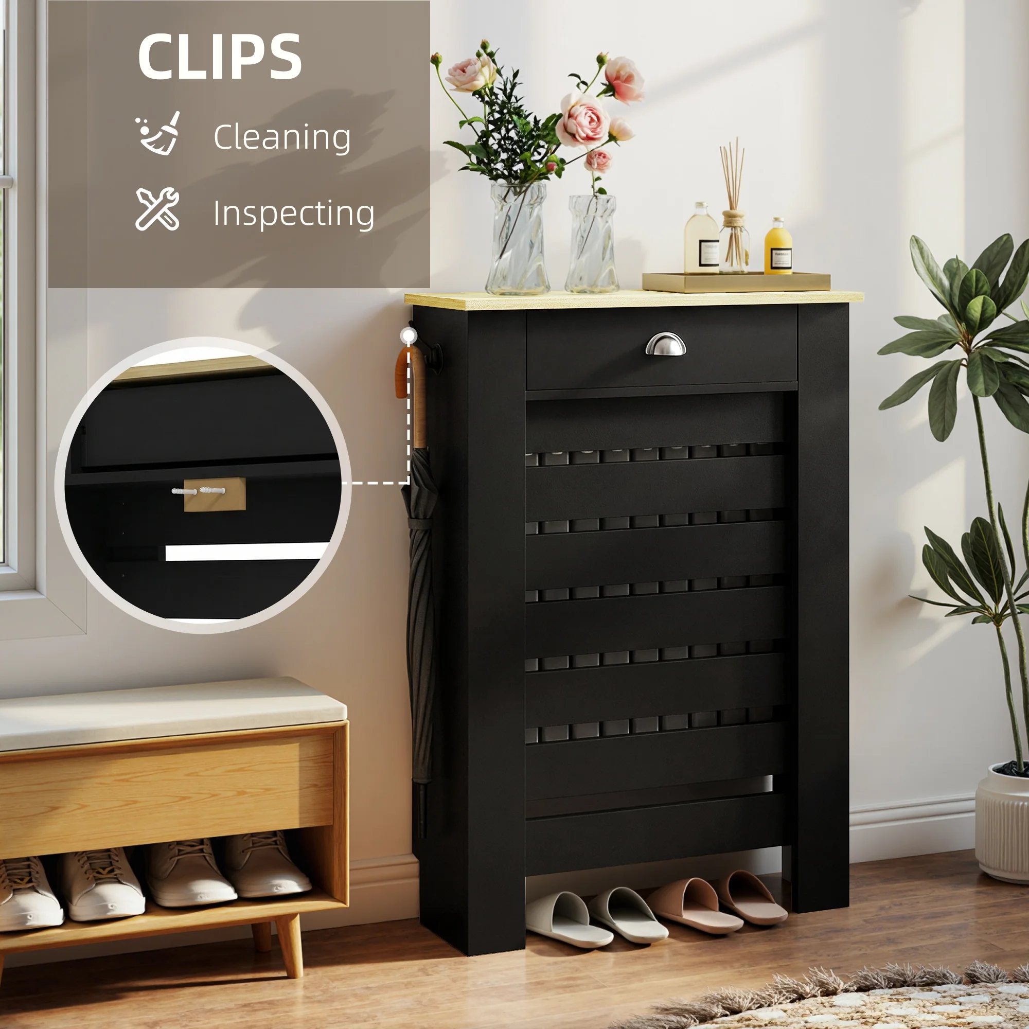 HOMCOM Radiator Cover With Drawer, Horizontal Slat Black - Image 6