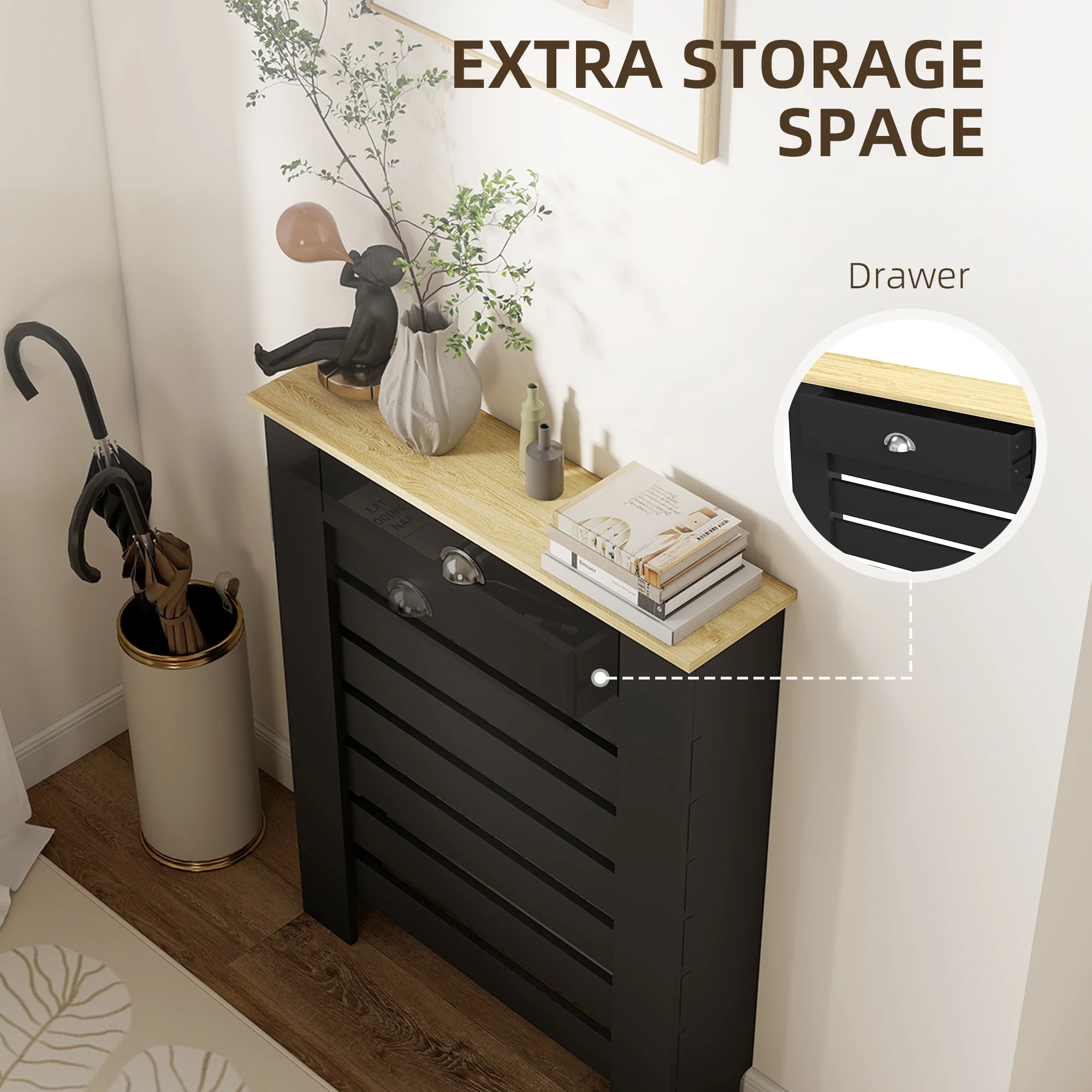 HOMCOM Radiator Cover With Drawer, Horizontal Slat Black - Image 7