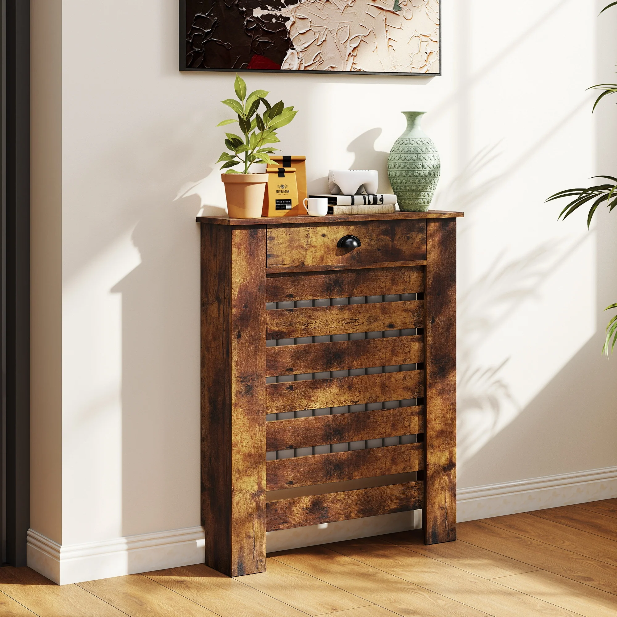 HOMCOM Radiator Cover With Drawer, Horizontal Slat, Rustic Brown - Image 2