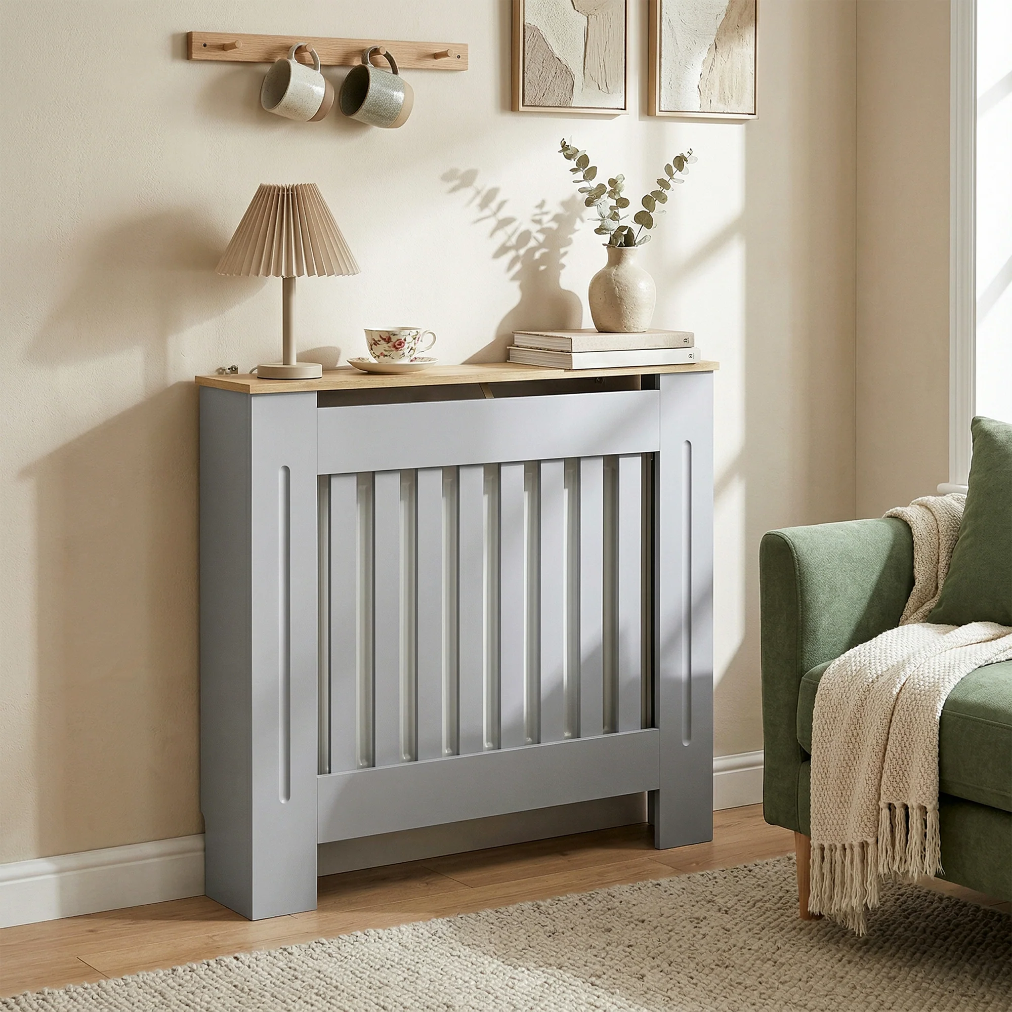 HOMCOM Radiator Cover Wooden Cabinet Vertical Slatted Vent MDF Grey Home - Image 8