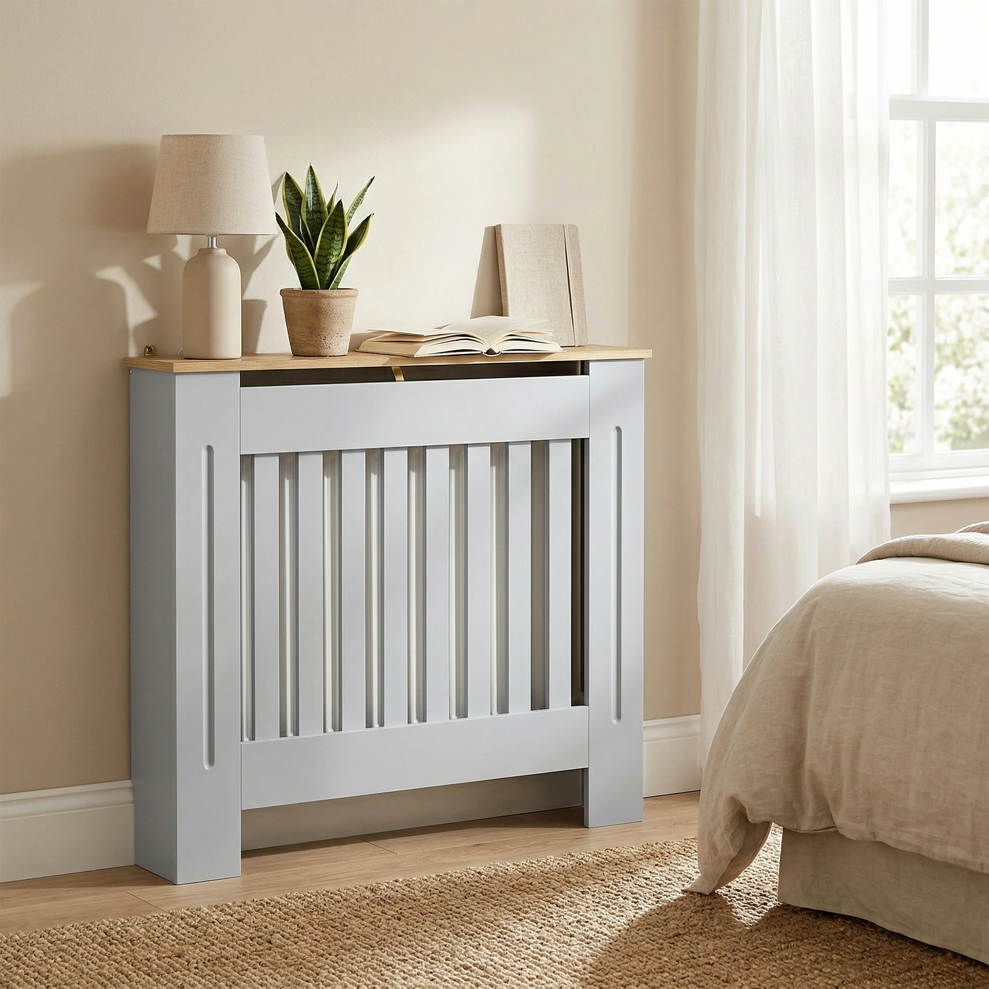 HOMCOM Radiator Cover Wooden Cabinet Vertical Slatted Vent MDF Grey Home - Image 9
