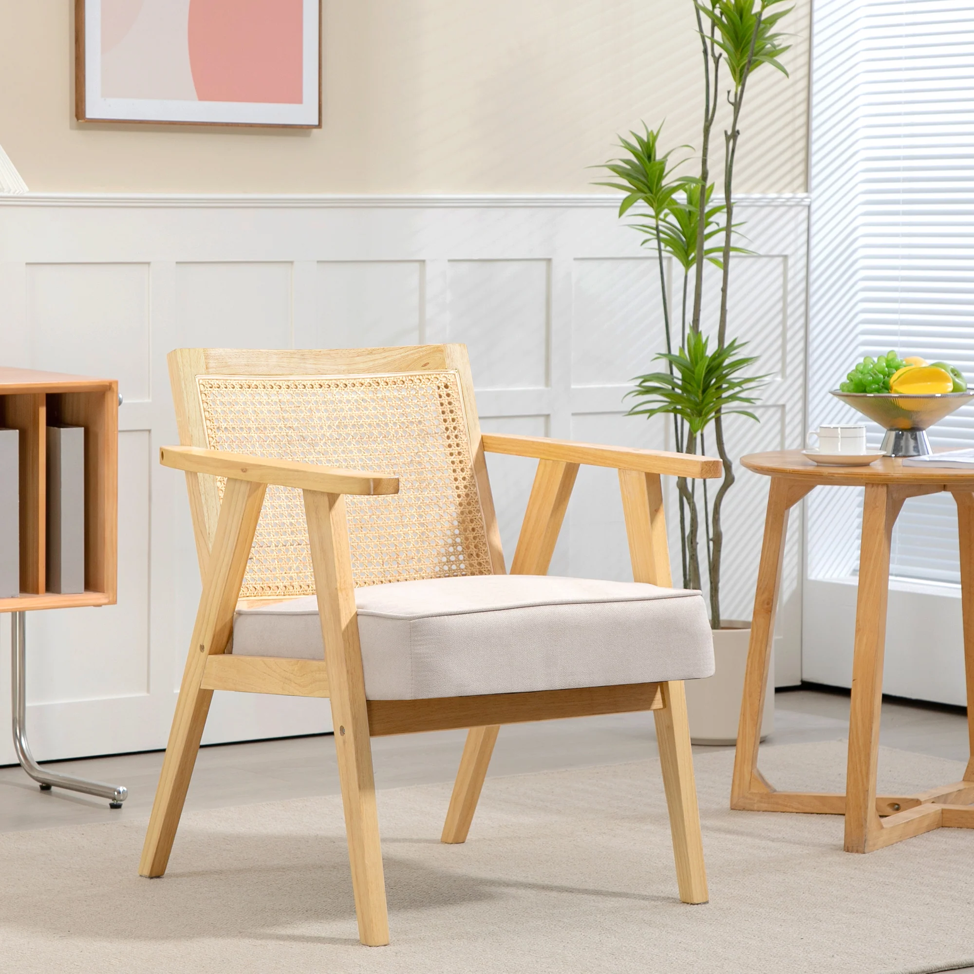 HOMCOM Rattan Armchair With Wood Frame Seat Cushion For Living Room Bedroom - Image 2