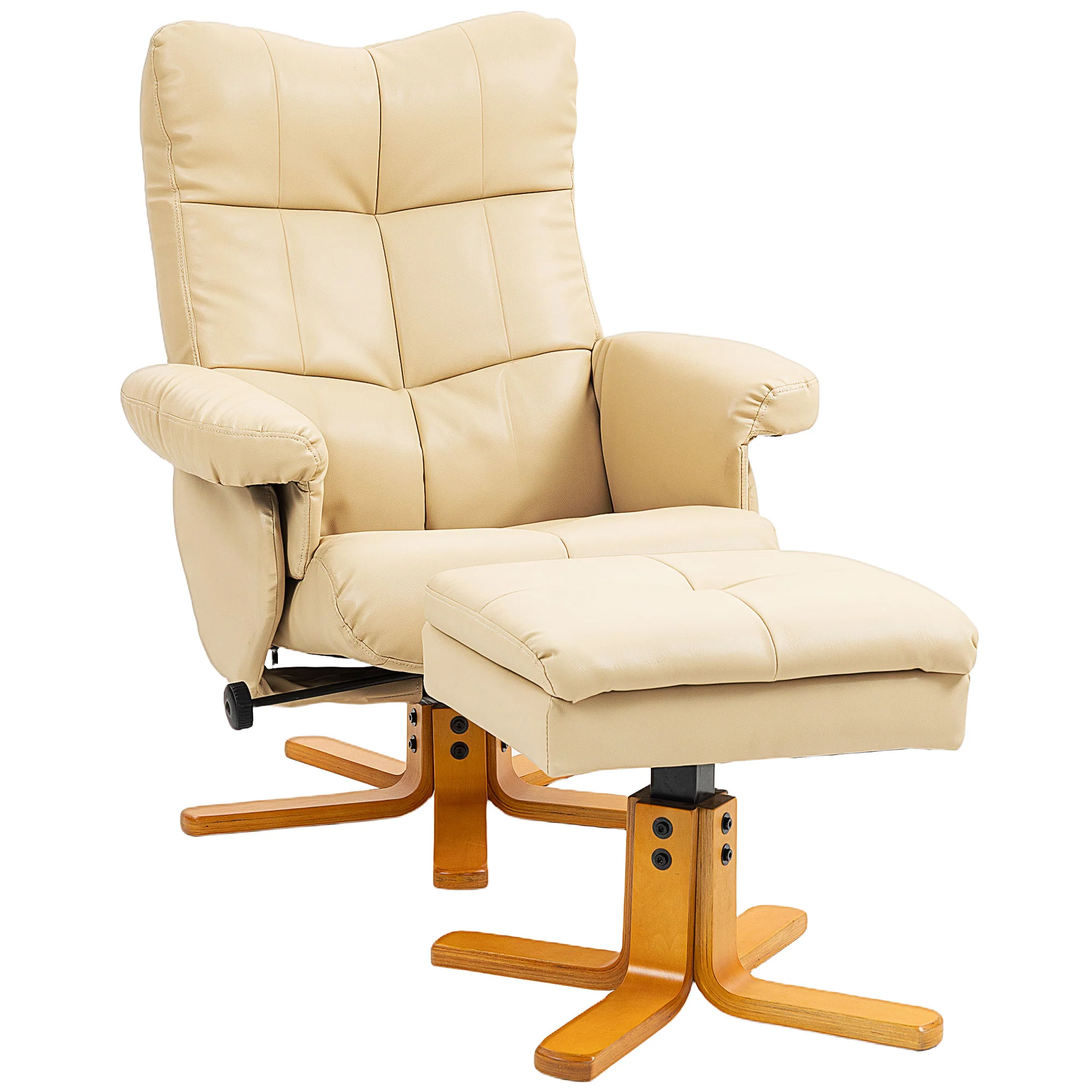 HOMCOM Recliner Chair And Footstool PU Leather Wooden Base, Beige