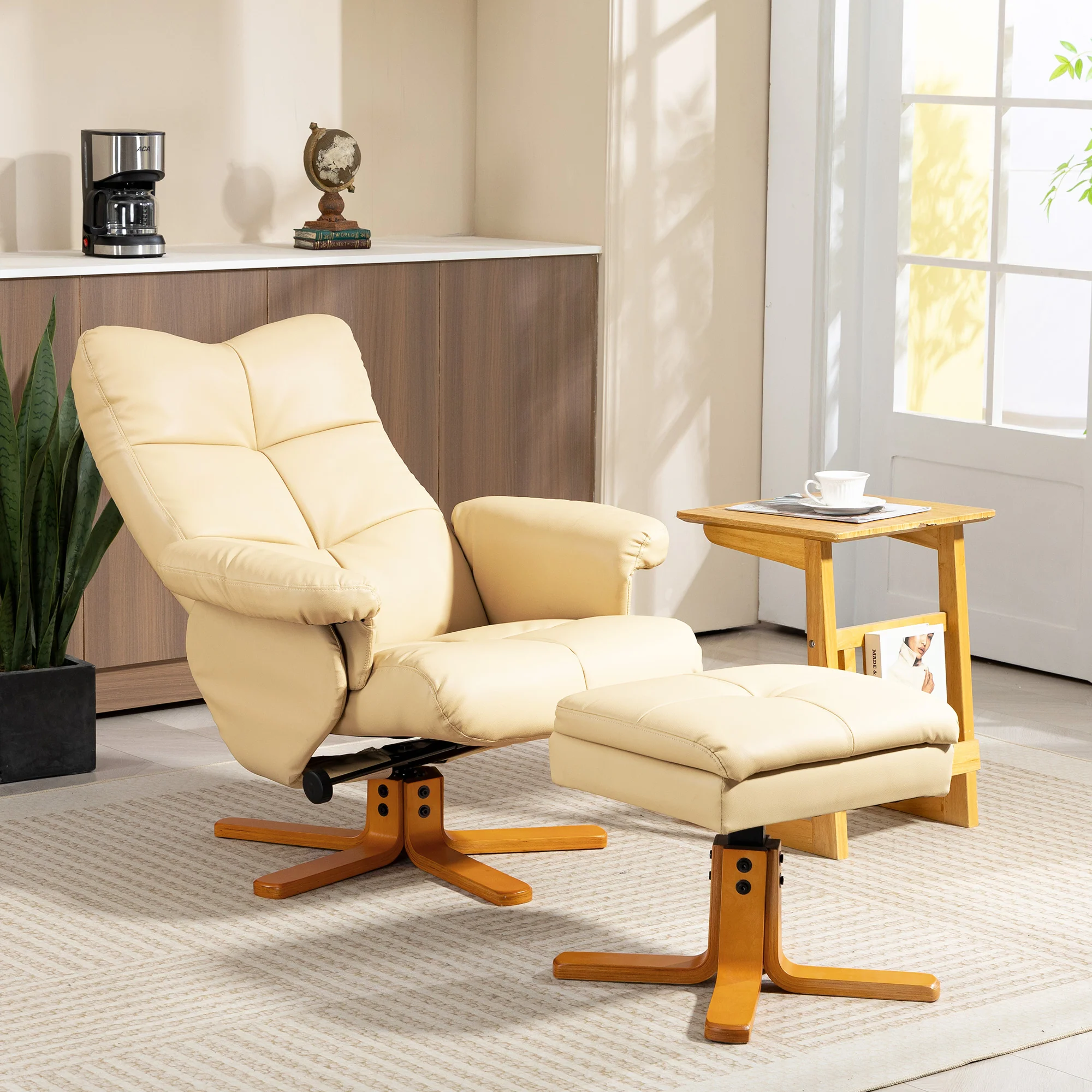 HOMCOM Recliner Chair And Footstool PU Leather Wooden Base, Beige - Image 2