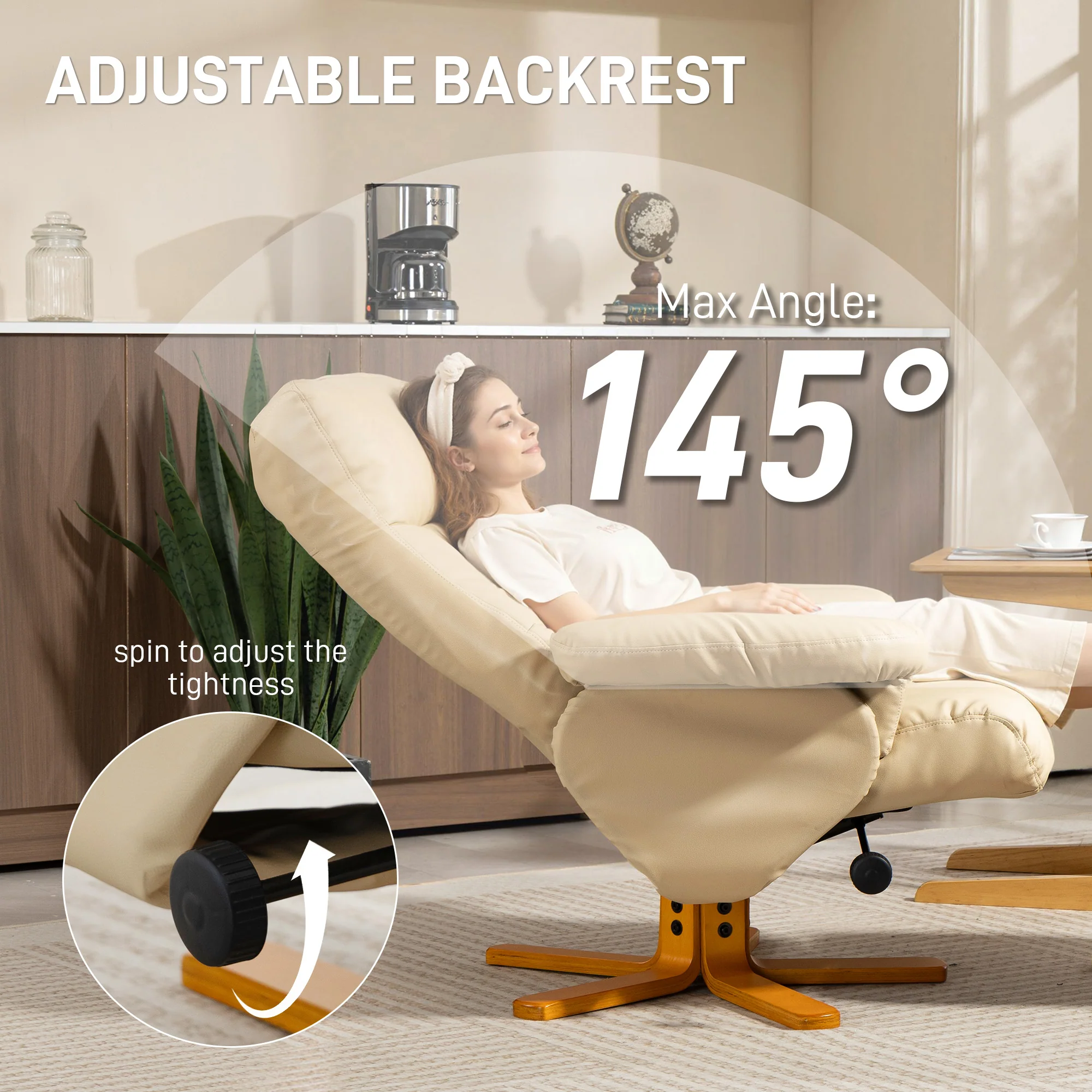 HOMCOM Recliner Chair And Footstool PU Leather Wooden Base, Beige - Image 3